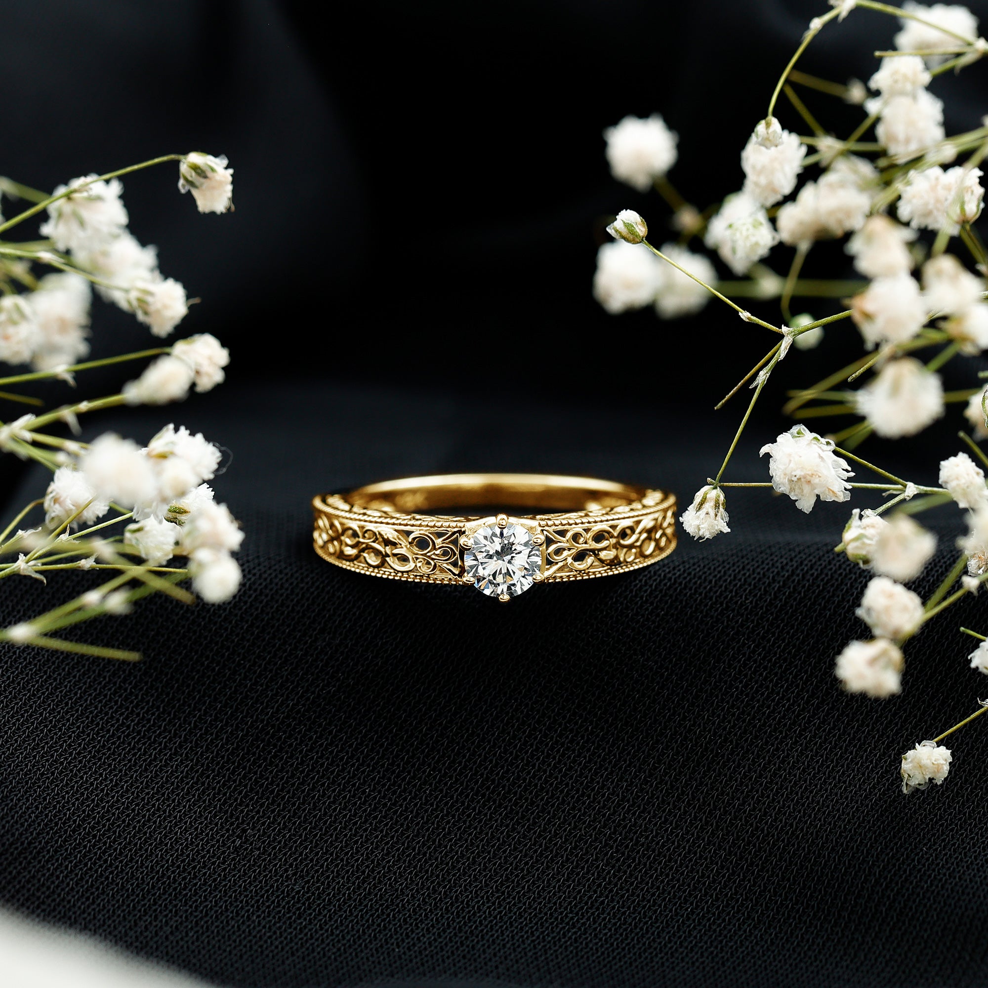 Round Cut Moissanite Solitaire Engagement Ring with Filigree Band D-VS1 - Rosec Jewels