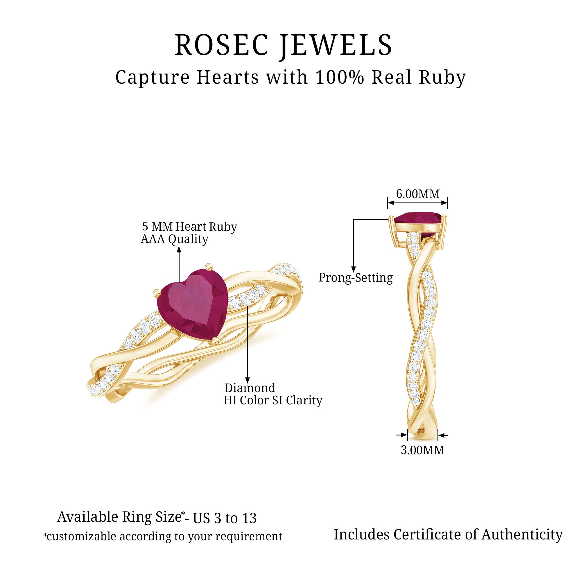 Heart Shape Solitaire Ruby and Diamond Braided Promise Ring Ruby - ( AAA ) - Quality - Rosec Jewels