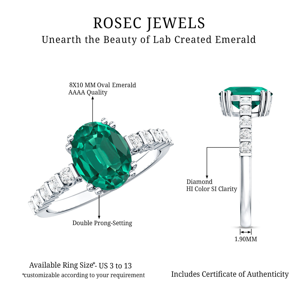 3 Carat Oval Cut Lab Created Emerald Solitaire Engagement Ring with Diamond AAAA - Rosec Jewels