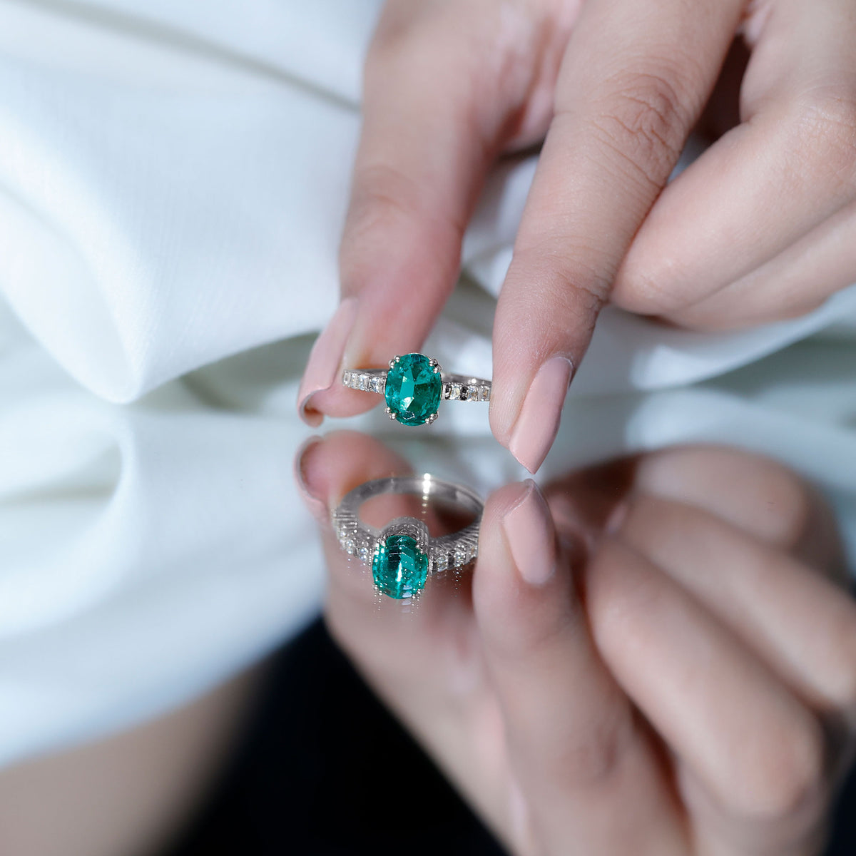 3 Carat Oval Cut Lab Created Emerald Solitaire Engagement Ring with Diamond AAAA - Rosec Jewels