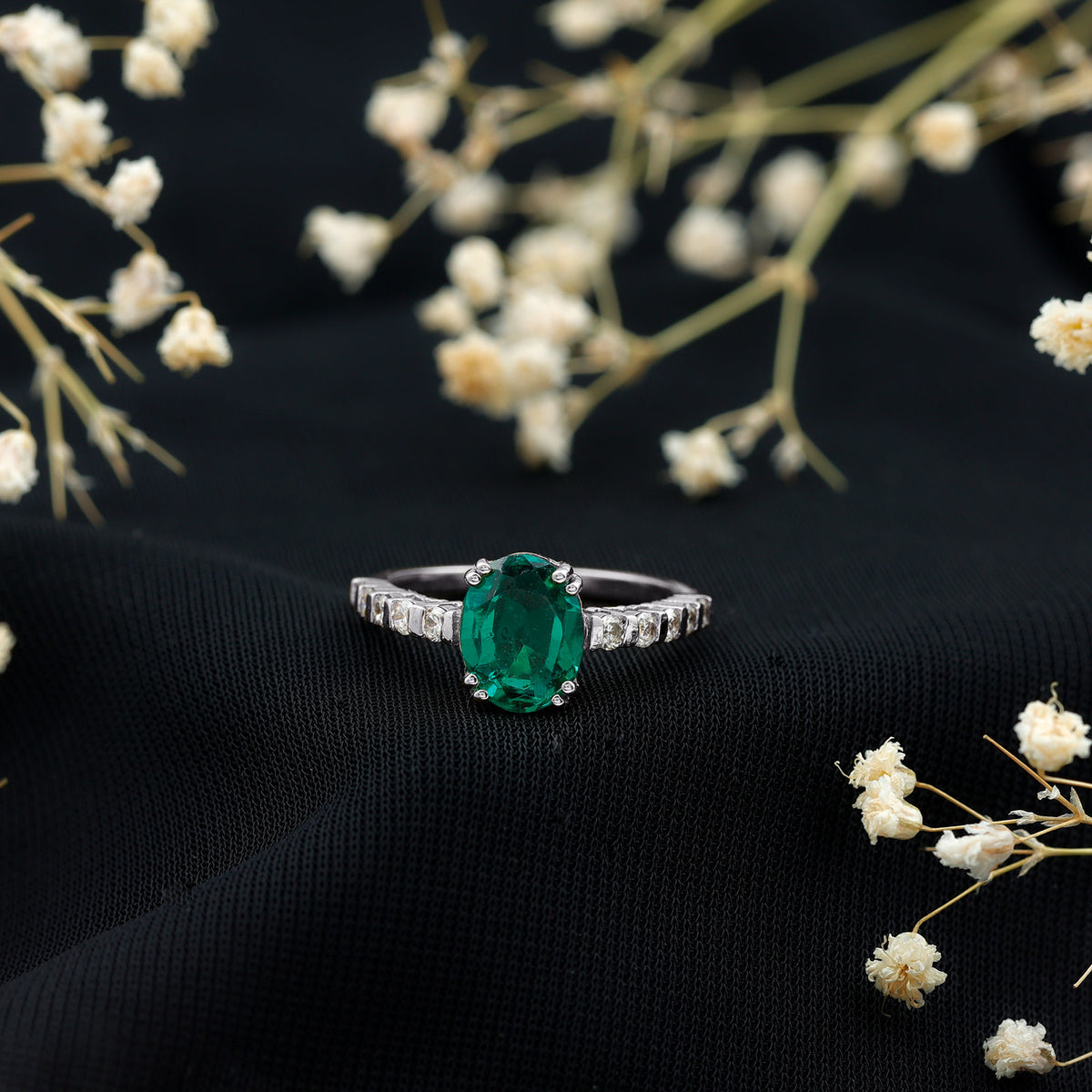 3 Carat Oval Cut Lab Created Emerald Solitaire Engagement Ring with Diamond AAAA - Rosec Jewels