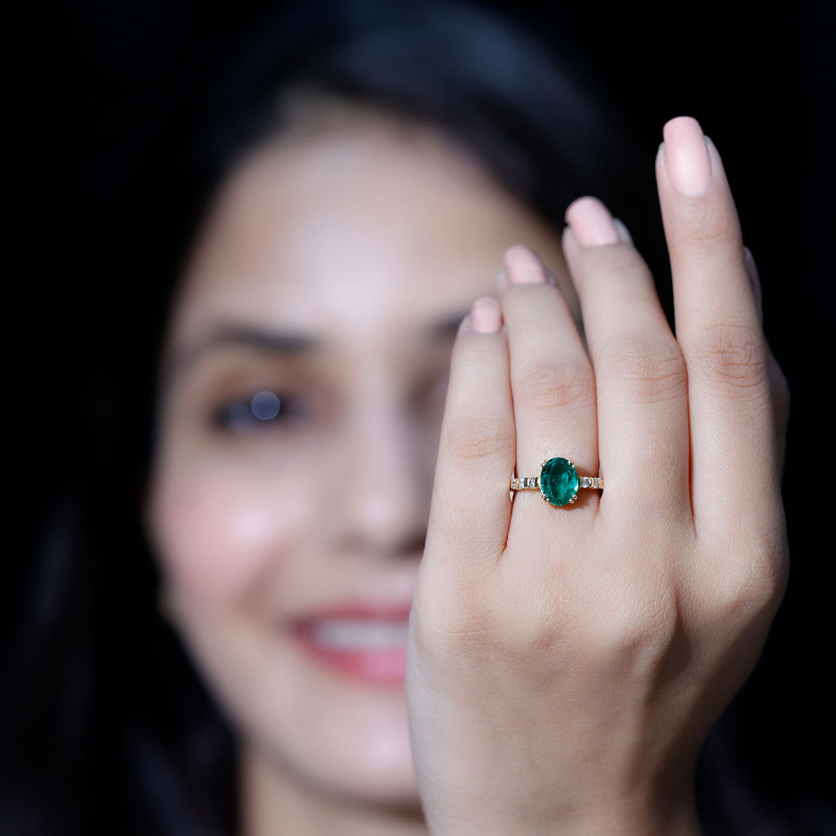 3 Carat Oval Cut Lab Created Emerald Solitaire Engagement Ring with Diamond AAAA - Rosec Jewels