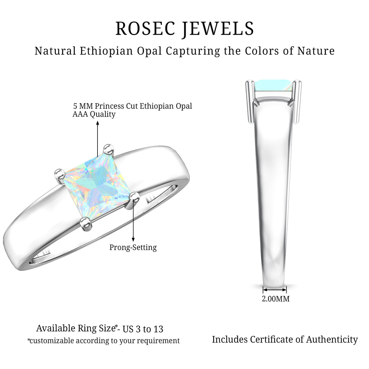 Certified Real Ethiopian Rainbow Opal Princess Cut Engagement Ring AAA - Rosec Jewels