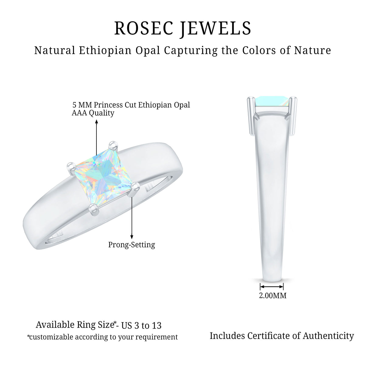 Certified Real Ethiopian Rainbow Opal Princess Cut Engagement Ring AAA - Rosec Jewels