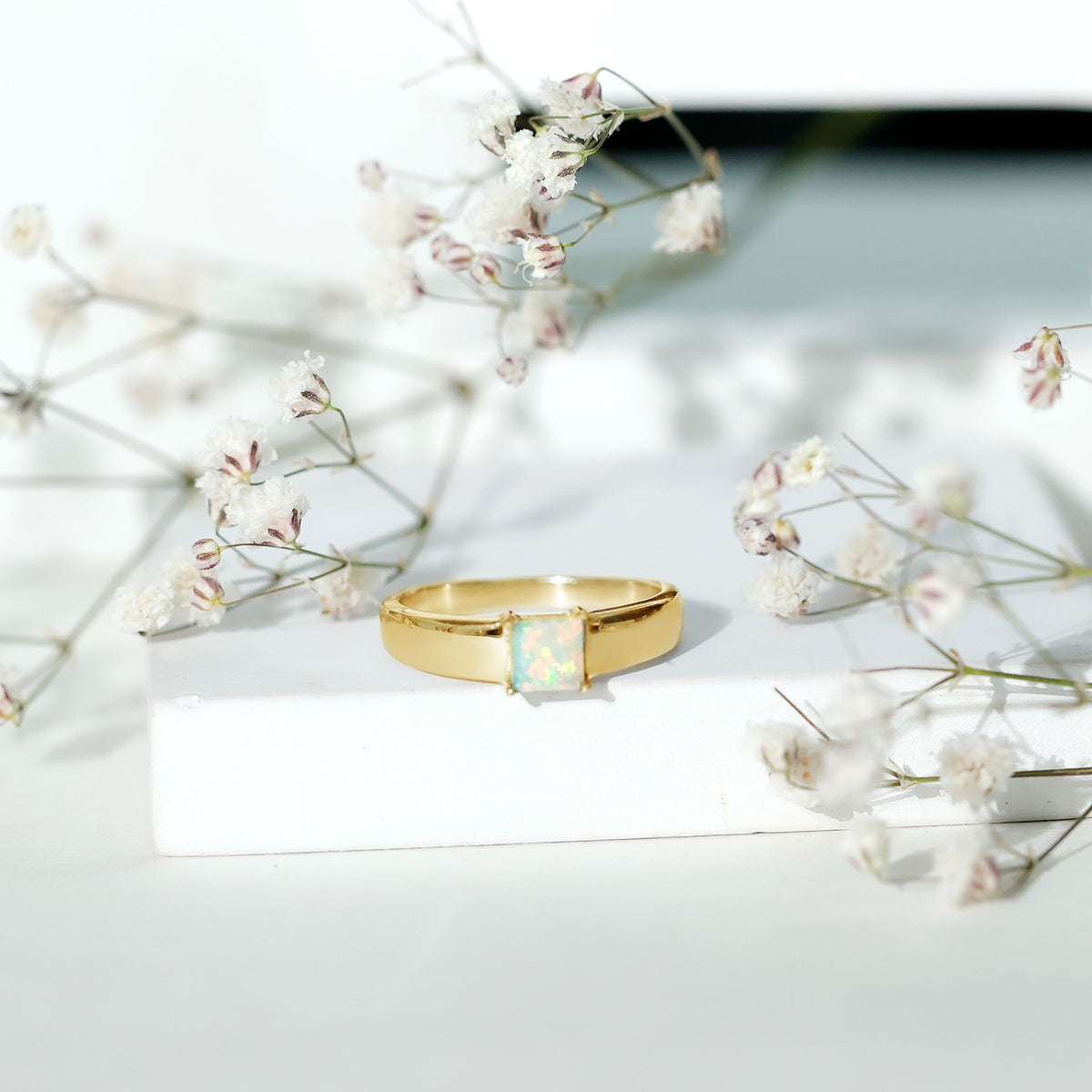 Certified Real Ethiopian Rainbow Opal Princess Cut Engagement Ring AAA - Rosec Jewels