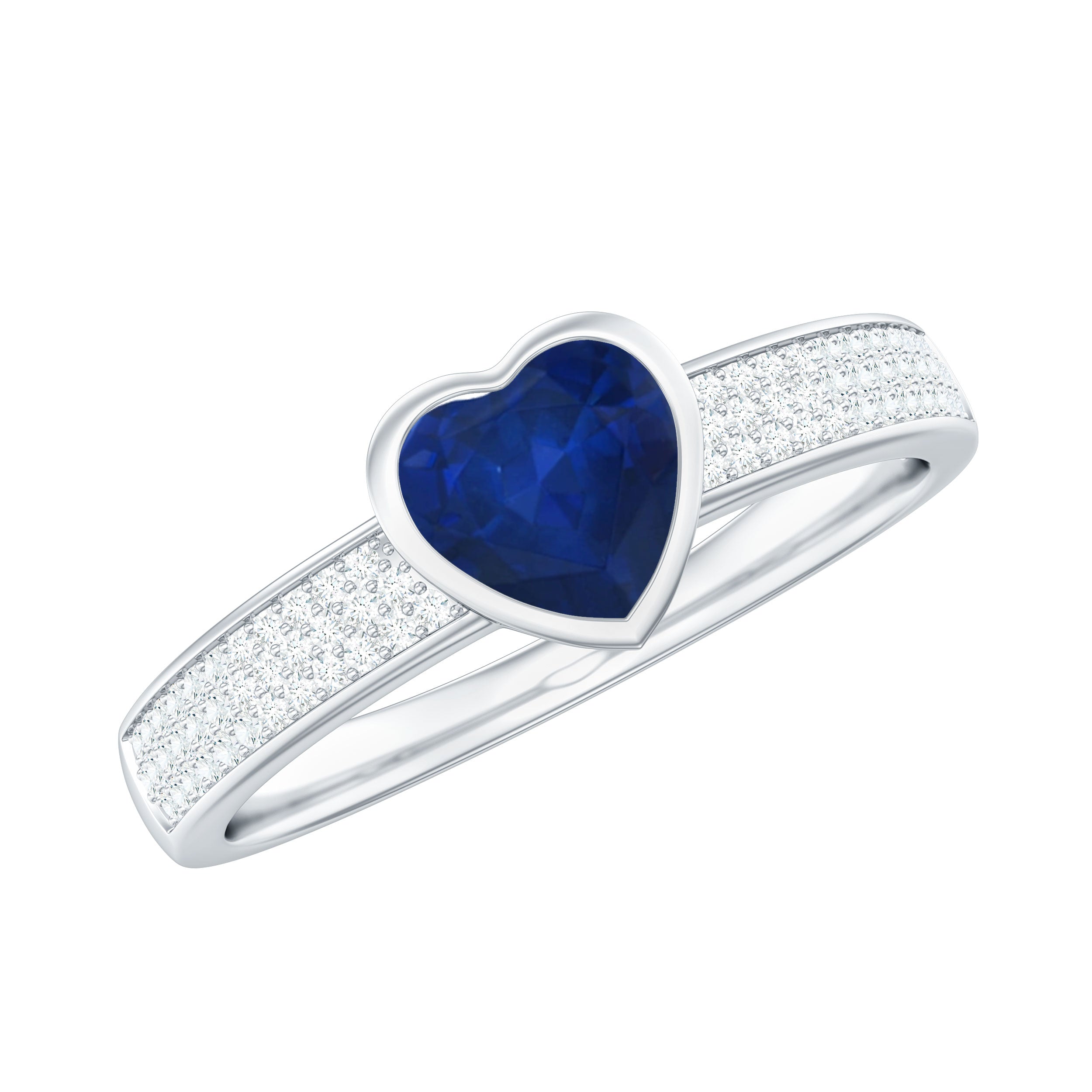 Rosec Jewels-1 CT Blue Sapphire Heart Solitaire Engagement Ring with Pave Diamond