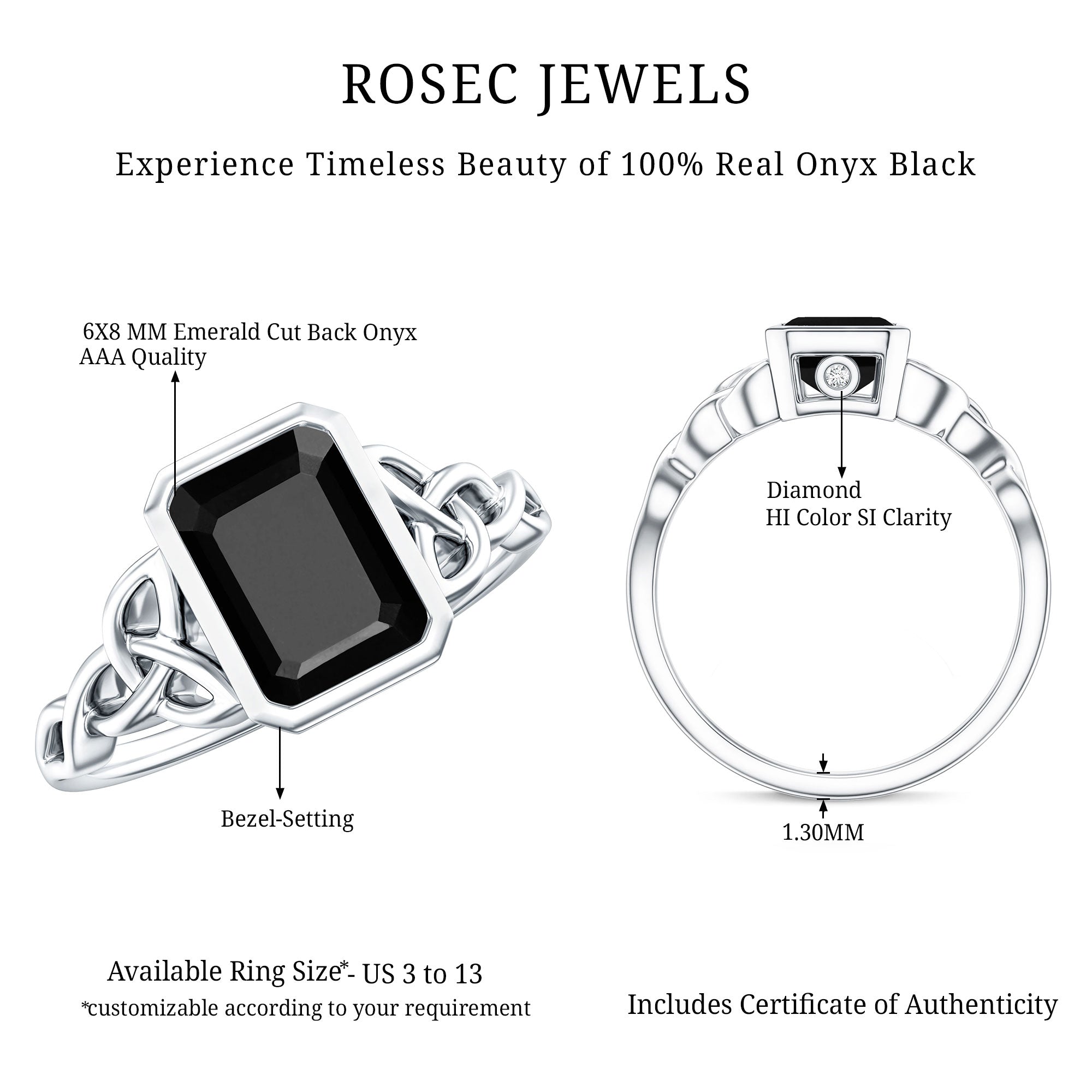 Emerald Cut Black Onyx Bezel Set Engagement Ring with Surprise Diamond AAA - Rosec Jewels