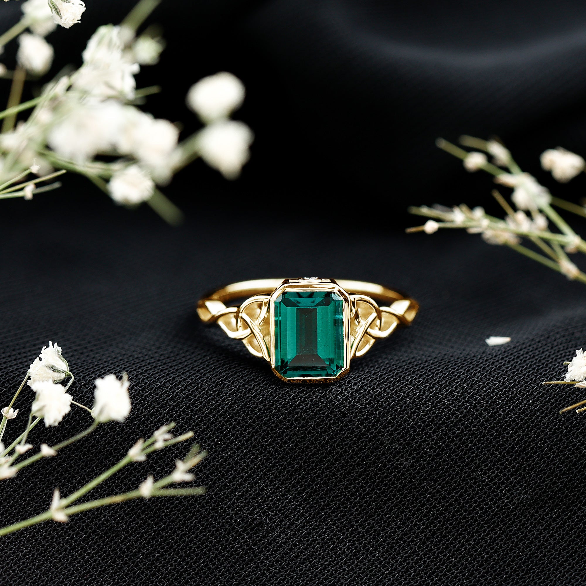 Certified Lab Grown Emerald Cut Emerald Engagement Ring with Celtic Knot AAAA - Rosec Jewels