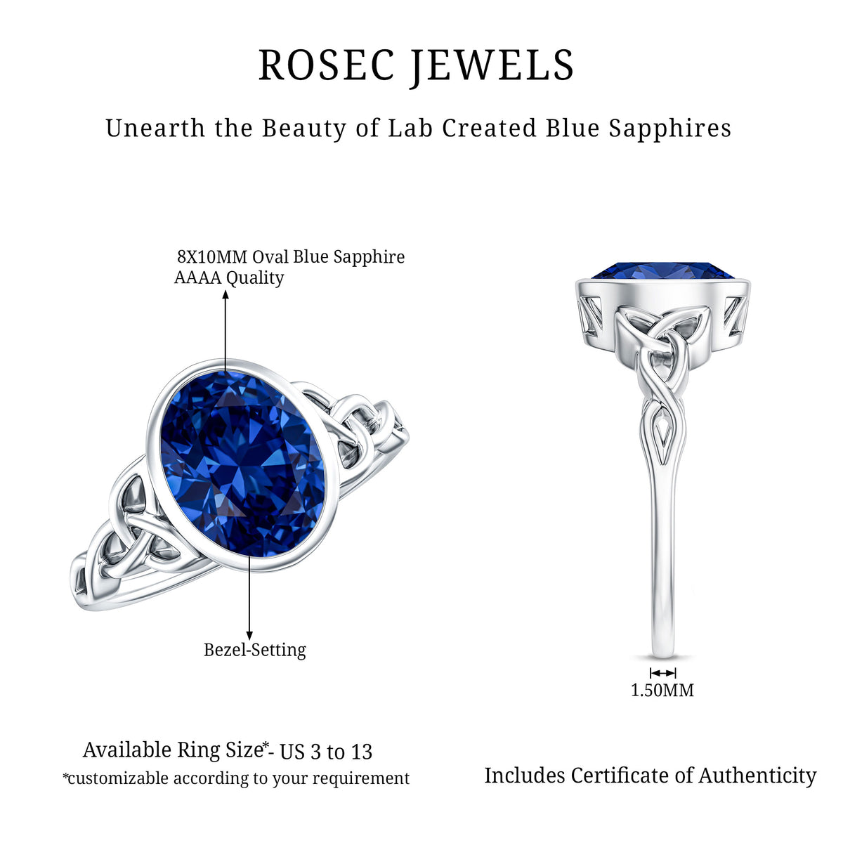 Certified 4 Carat Oval Lab Grown Blue Sapphire Bezel Set Engagement Ring AAAA - Rosec Jewels