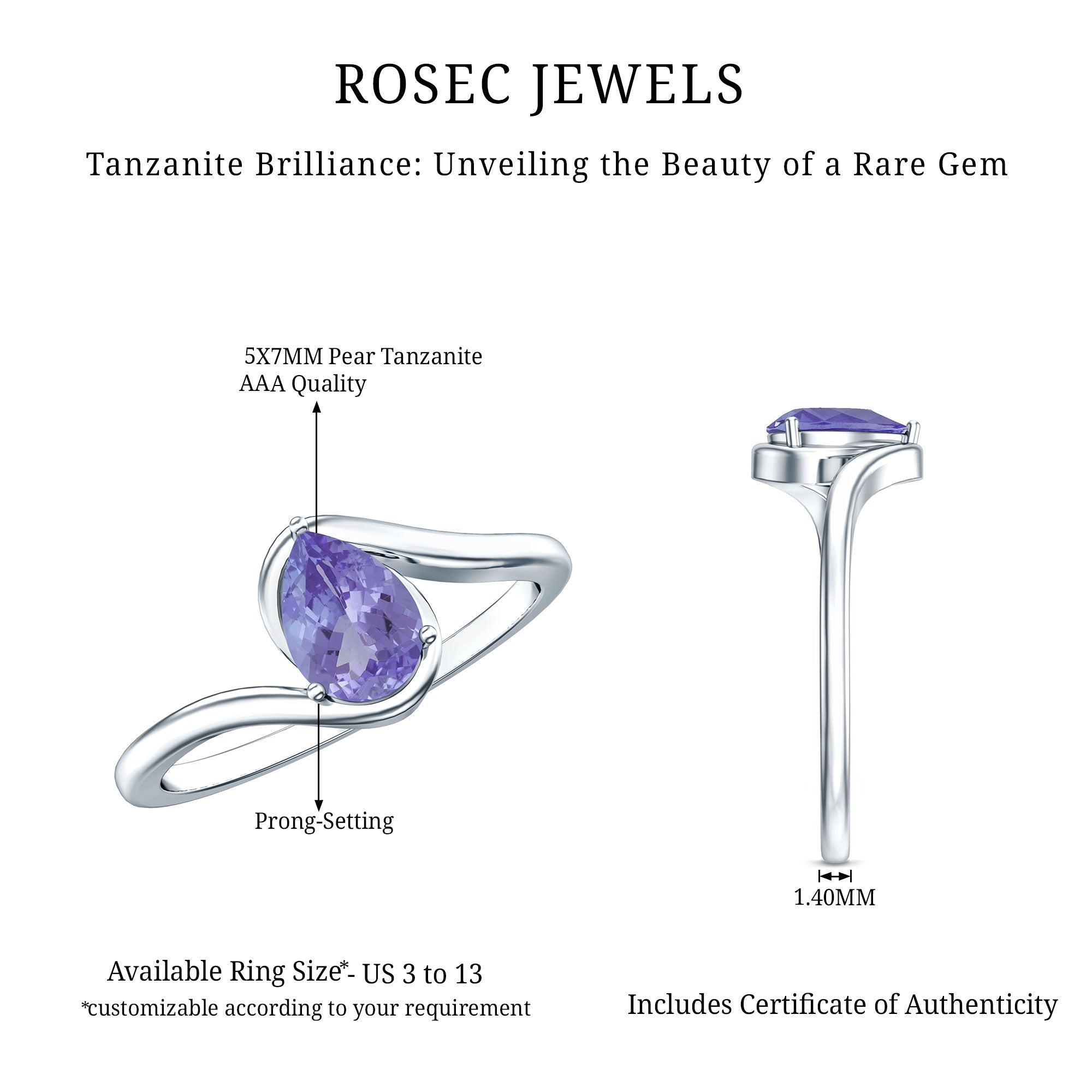 Rosec Jewels-Natural Tanzanite Solitaire Engagement Ring with Bypass Shank