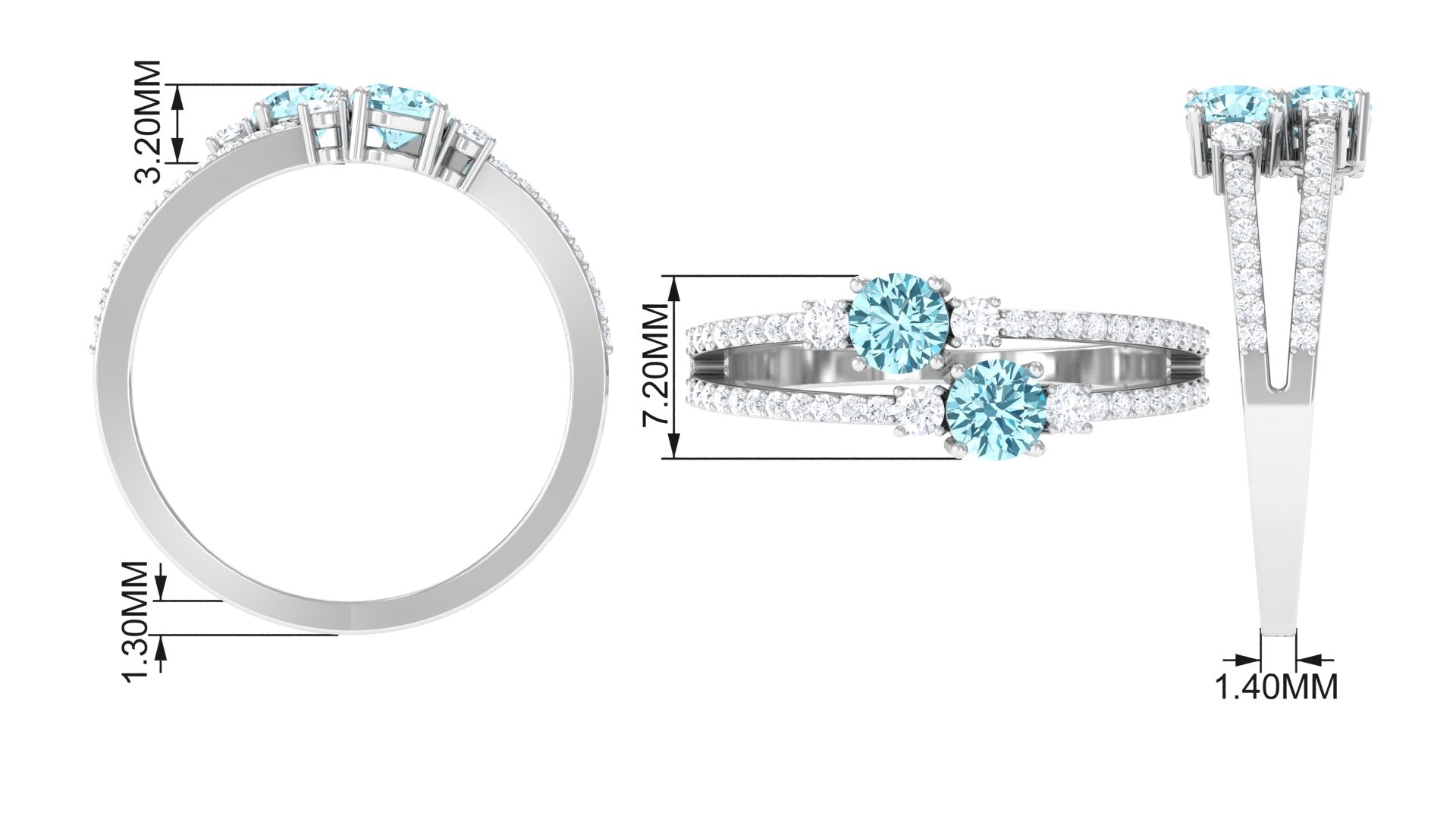 Rosec Jewels-Natural Aquamarine Diamond 2 Stone Promise Ring with Split Shank