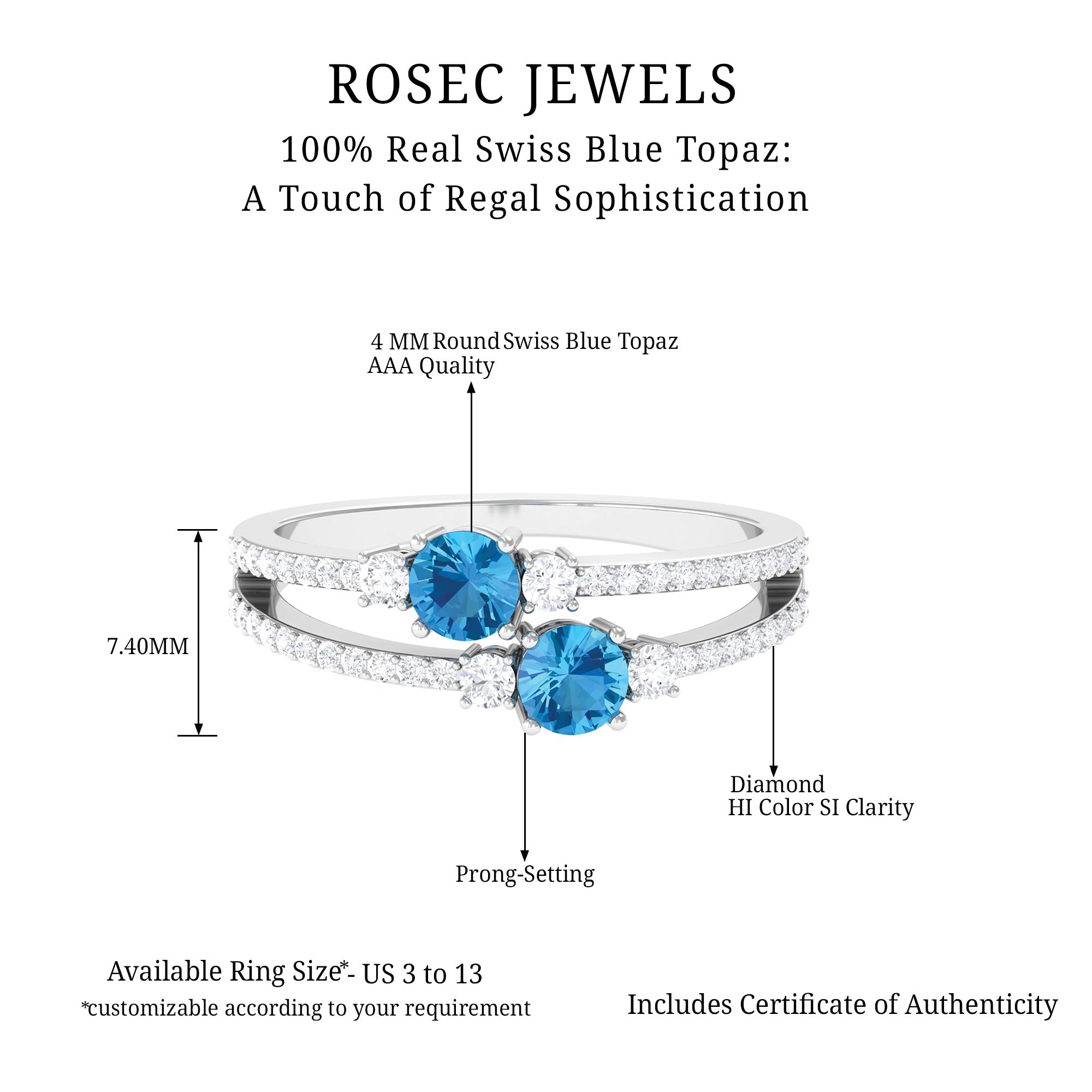 1 CT Swiss Blue Topaz and Diamond Anniversary Double Band Ring Swiss Blue Topaz - ( AAA ) - Quality - Rosec Jewels