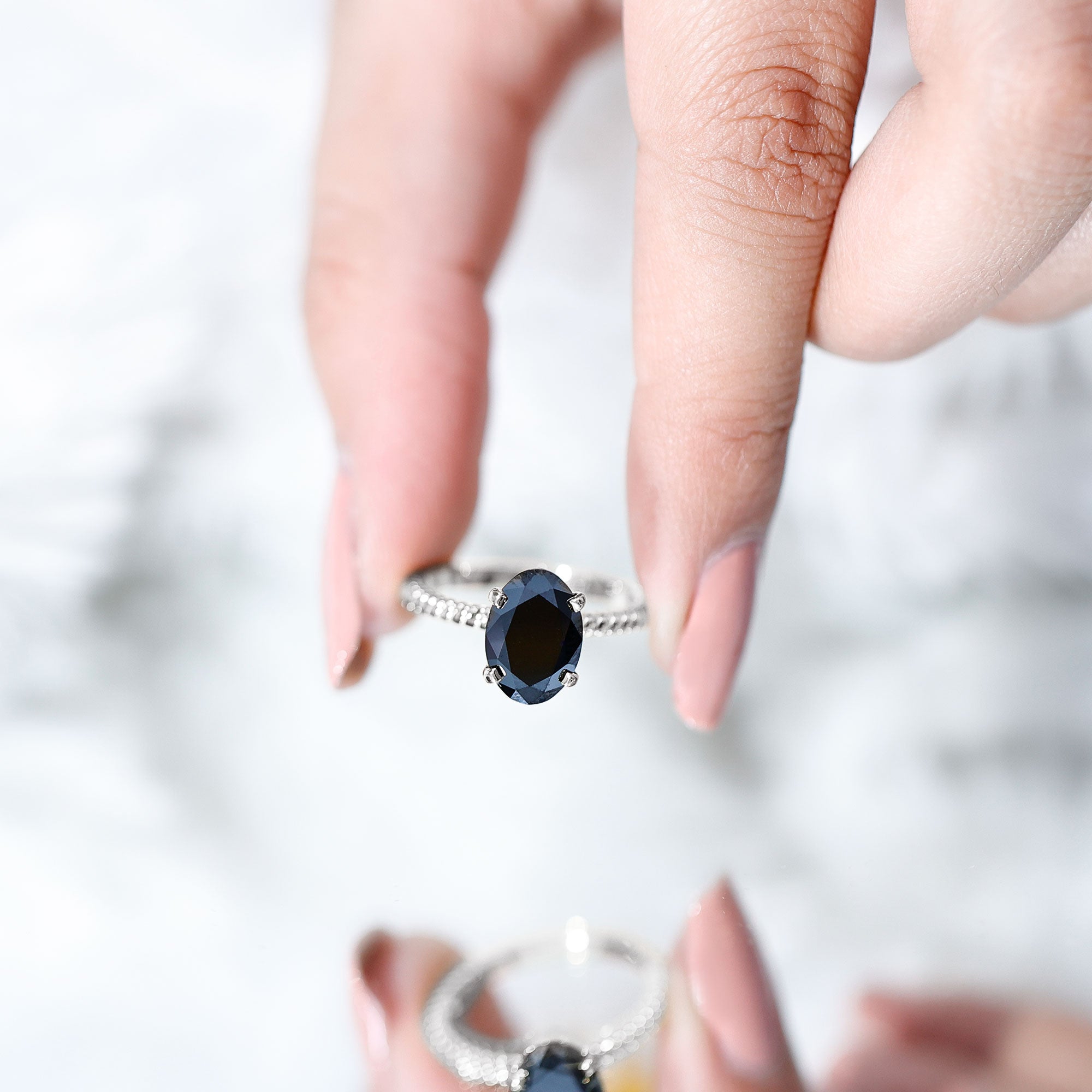 4.2 Carat Oval Lab Grown Black Diamond Solitaire Engagement Ring with Surprise White Diamond AAAA ( Synthetic ) - Rosec Jewels