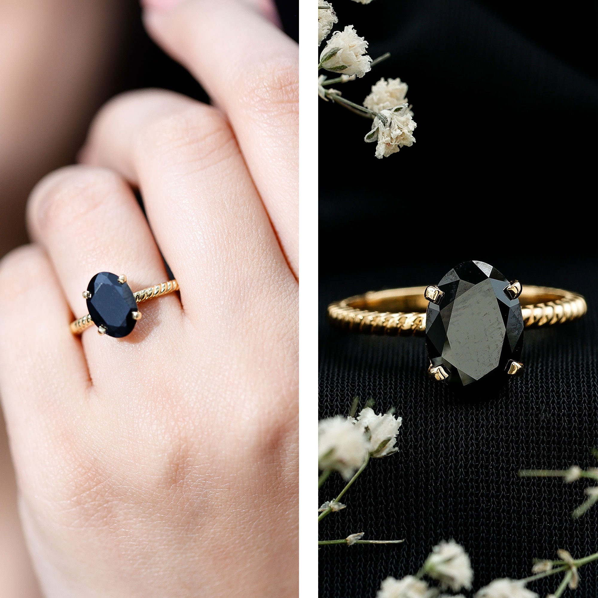 4.2 Carat Oval Lab Grown Black Diamond Solitaire Engagement Ring with Surprise White Diamond AAAA ( Synthetic ) - Rosec Jewels