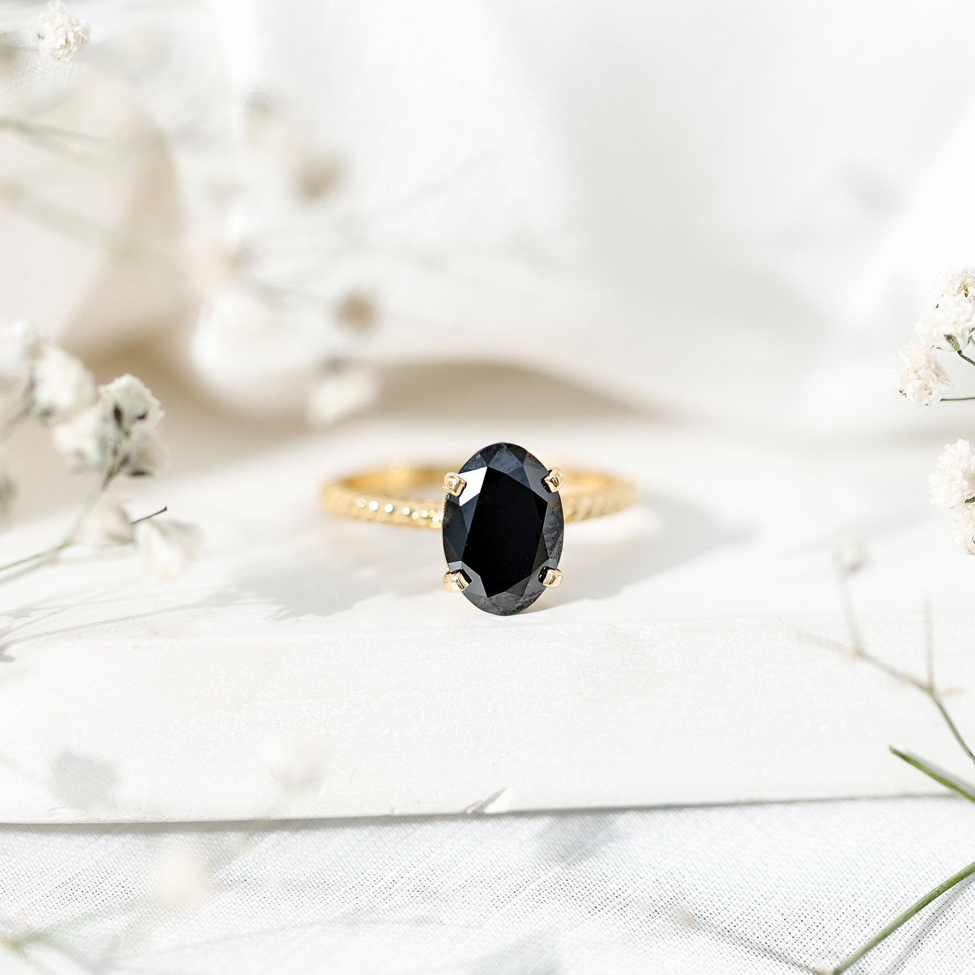 4.2 Carat Oval Lab Grown Black Diamond Solitaire Engagement Ring with Surprise White Diamond AAAA ( Synthetic ) - Rosec Jewels