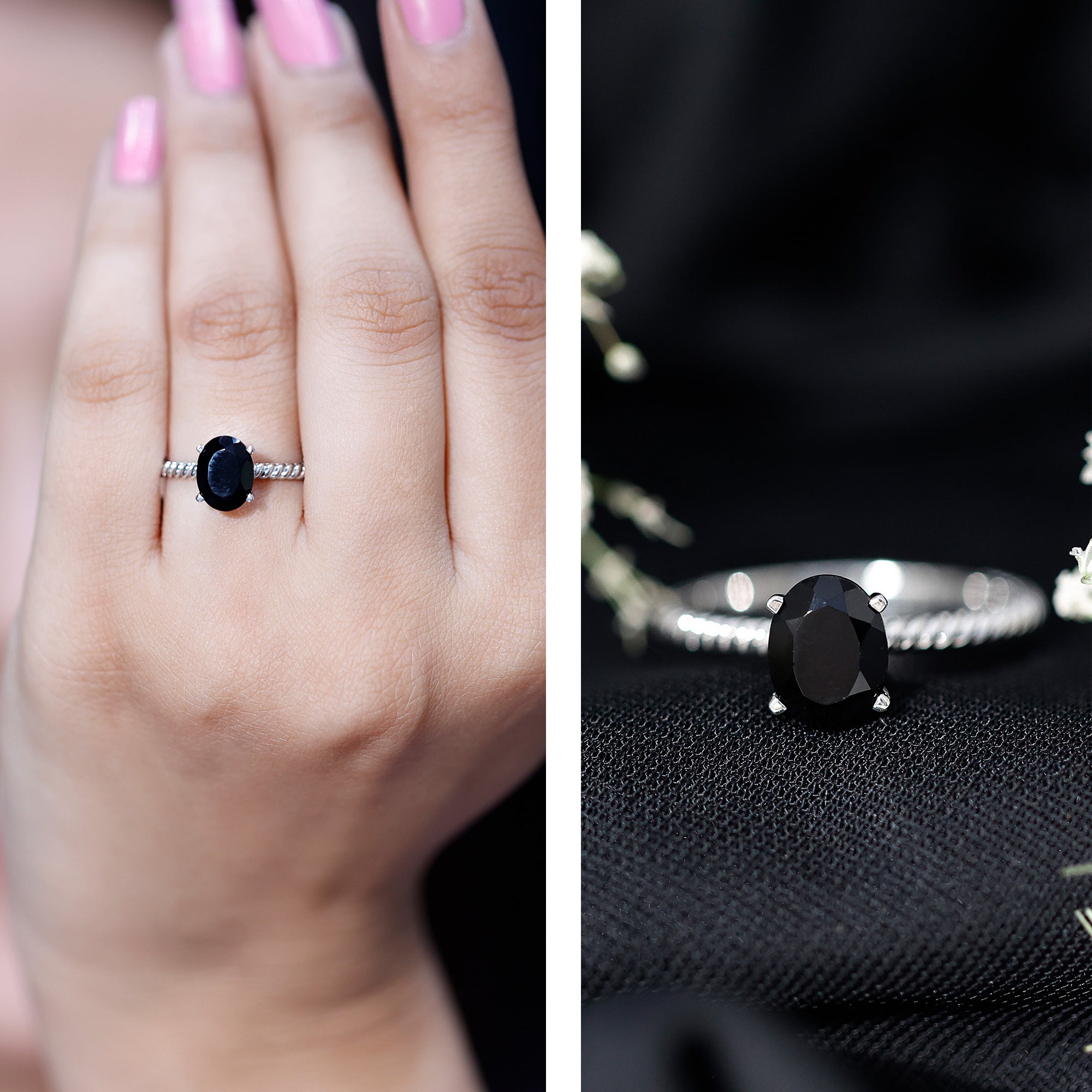 7X9mm Oval Cut Black Onyx Solitaire Engagement Ring with Diamond AAA - Rosec Jewels