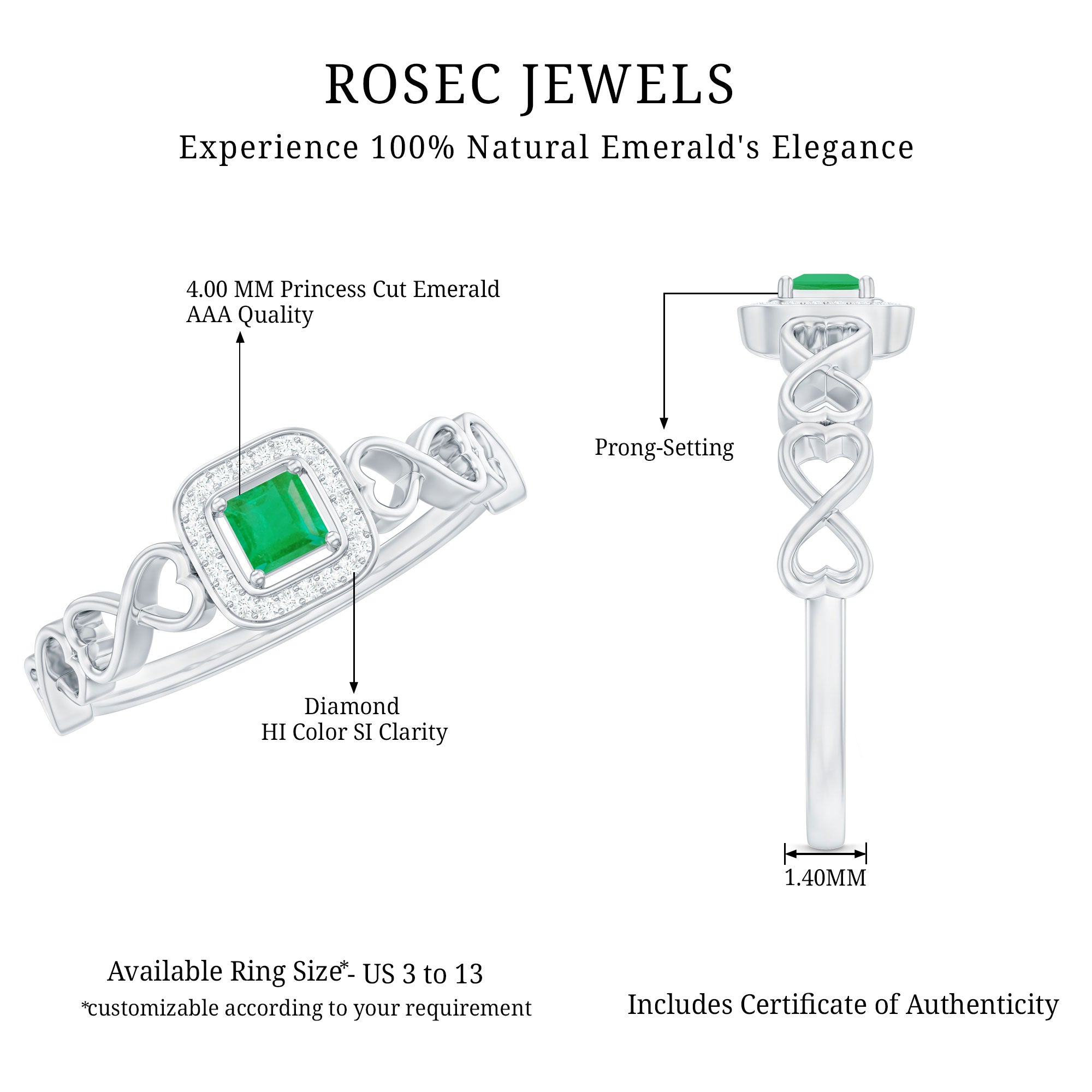 Rosec Jewels-Natural Princess Cut Emerald Diamond Promise Ring For Her