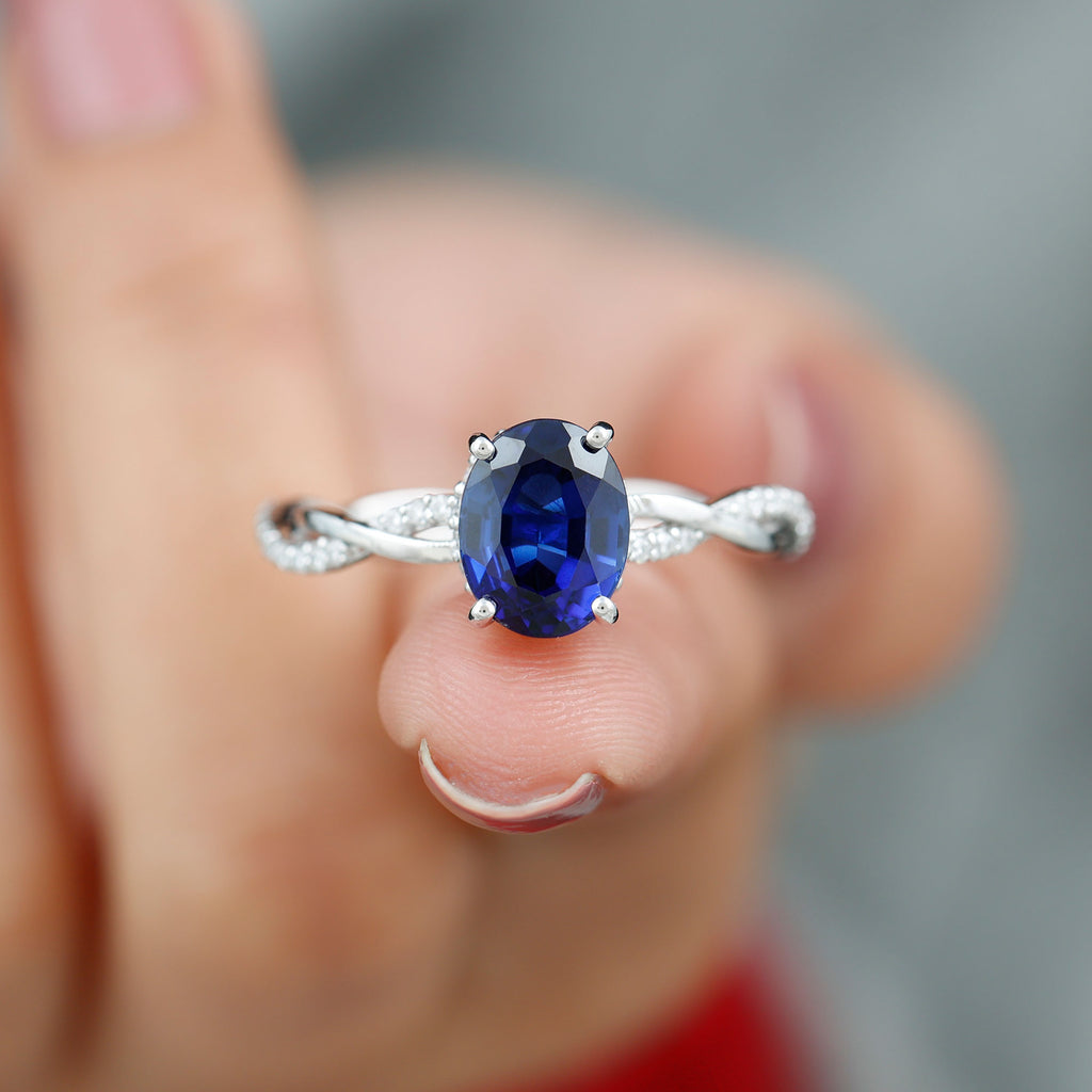 Oval Lab Grown Blue Sapphire Solitaire Braided Ring with Diamond Lab Created Blue Sapphire - ( AAAA ) - Quality - Rosec Jewels