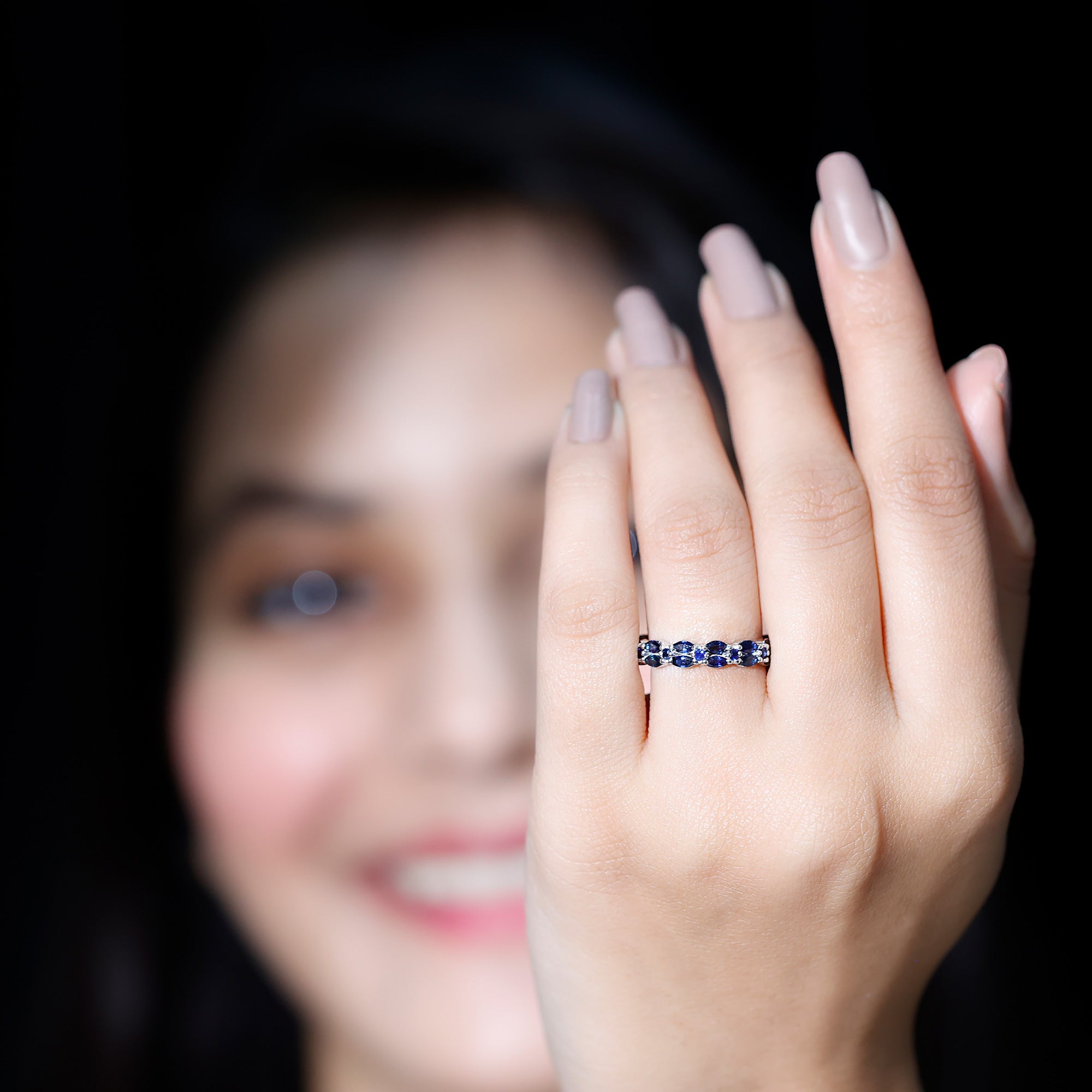 Rosec Jewels-1.5 CT Marquise and Round Blue Sapphire Contemporary Full Eternity Ring