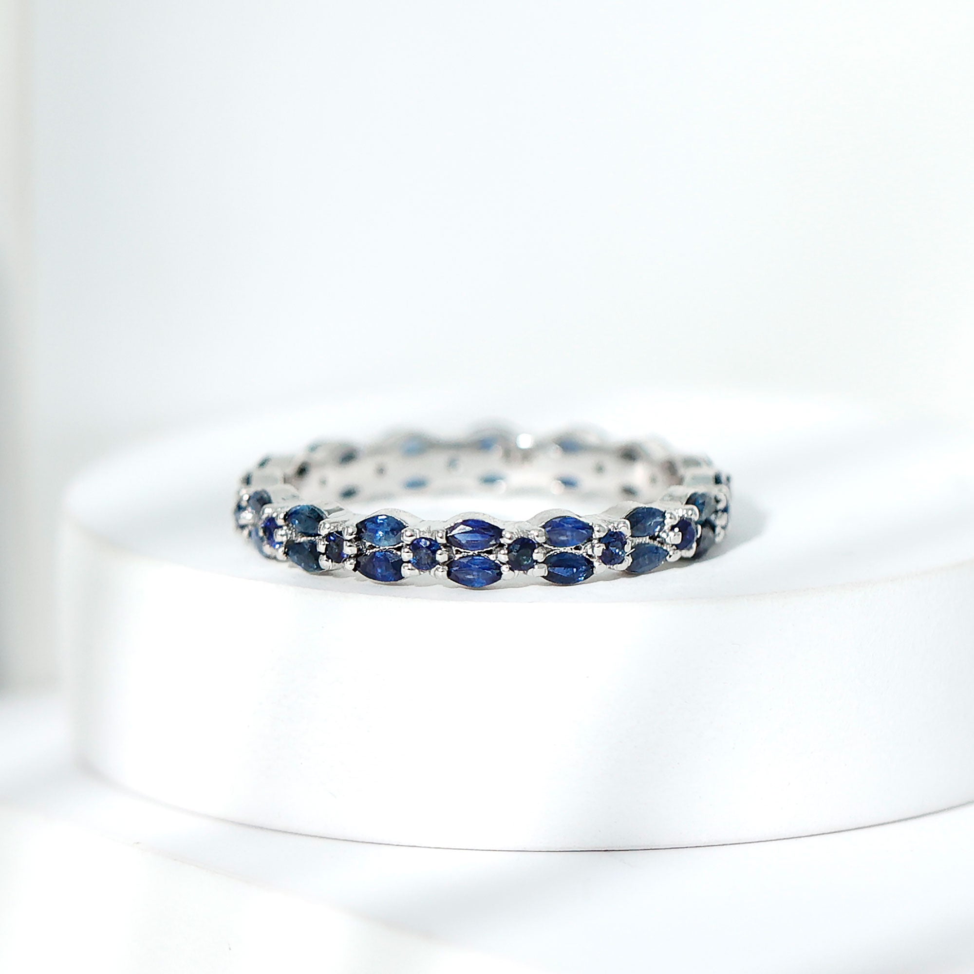 Rosec Jewels-1.5 CT Marquise and Round Blue Sapphire Contemporary Full Eternity Ring