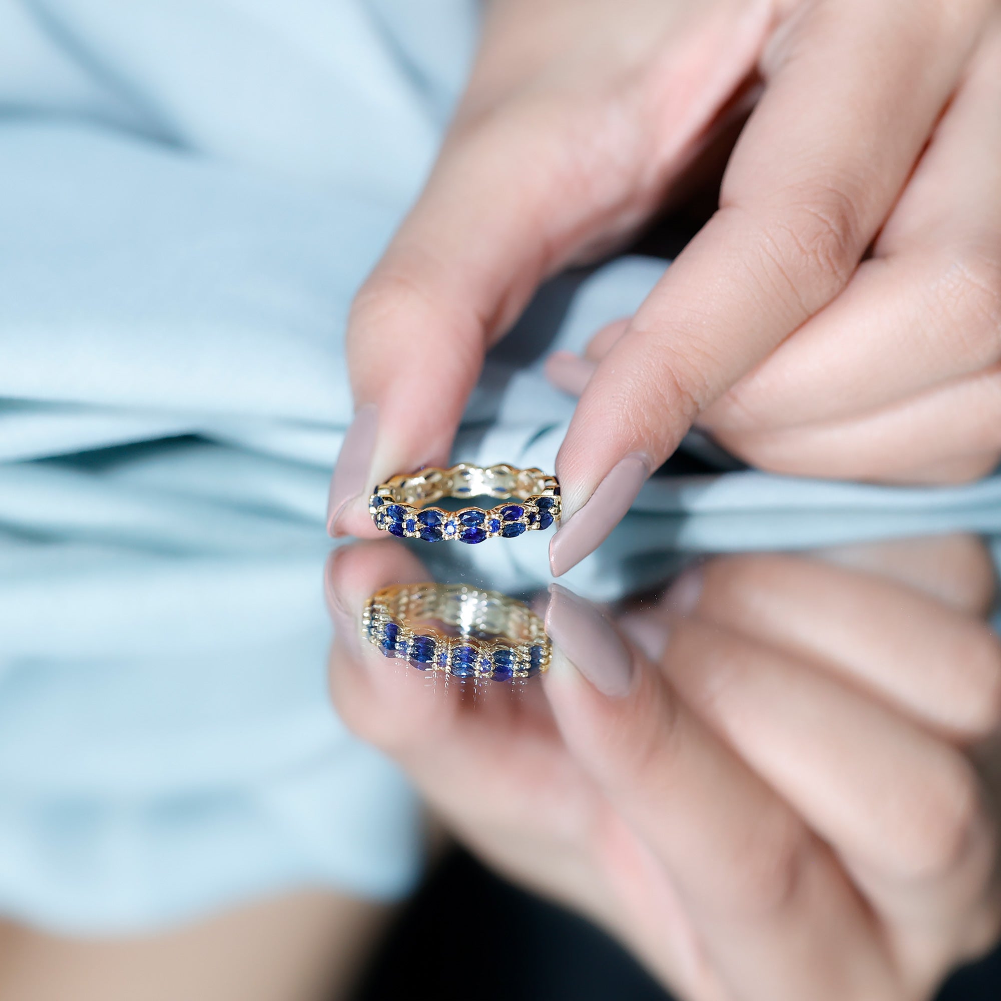 Rosec Jewels-1.5 CT Marquise and Round Blue Sapphire Contemporary Full Eternity Ring
