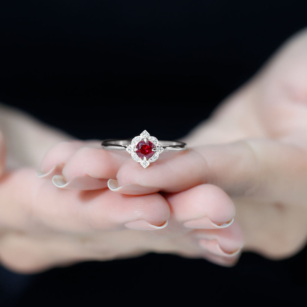 Vintage Style Lab Grown Ruby and Diamond Engagement Ring Lab Created Ruby - ( AAAA ) - Quality - Rosec Jewels