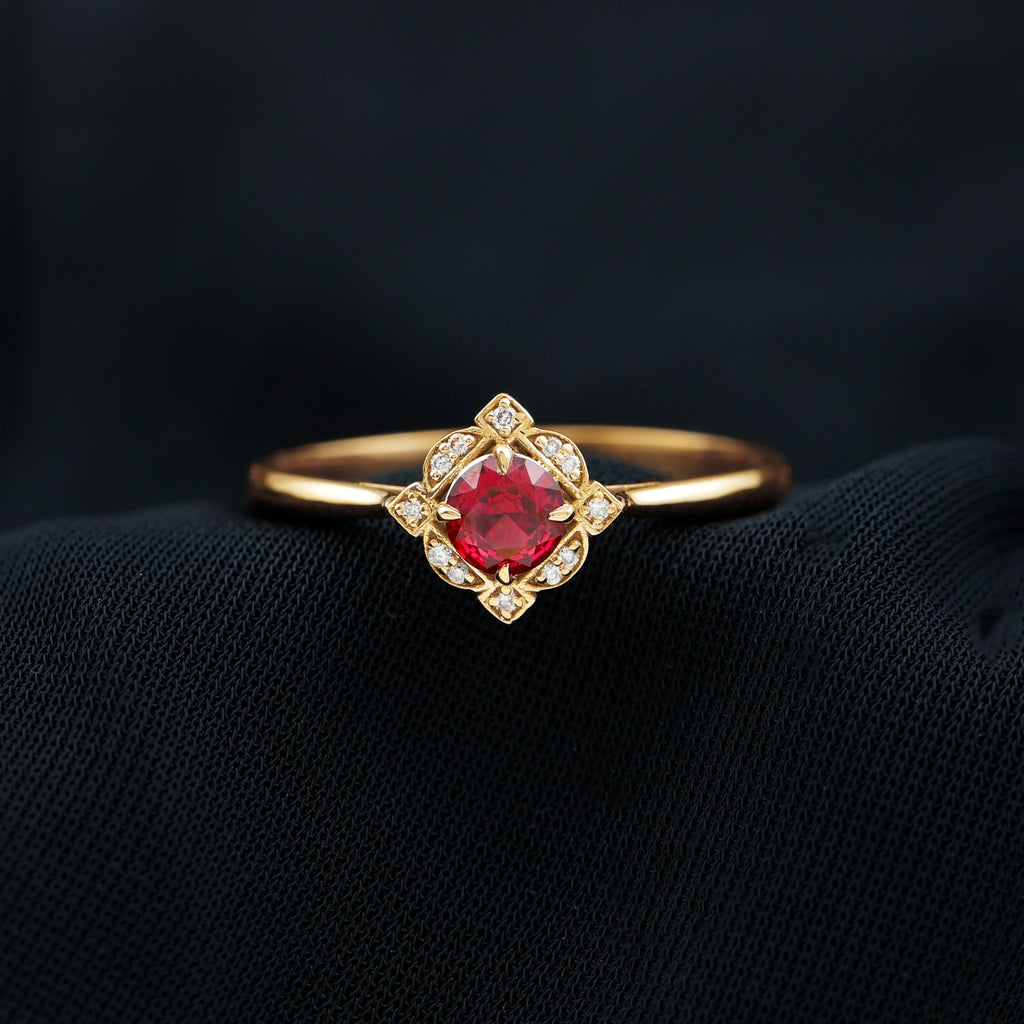 Vintage Style Lab Grown Ruby and Diamond Engagement Ring Lab Created Ruby - ( AAAA ) - Quality - Rosec Jewels