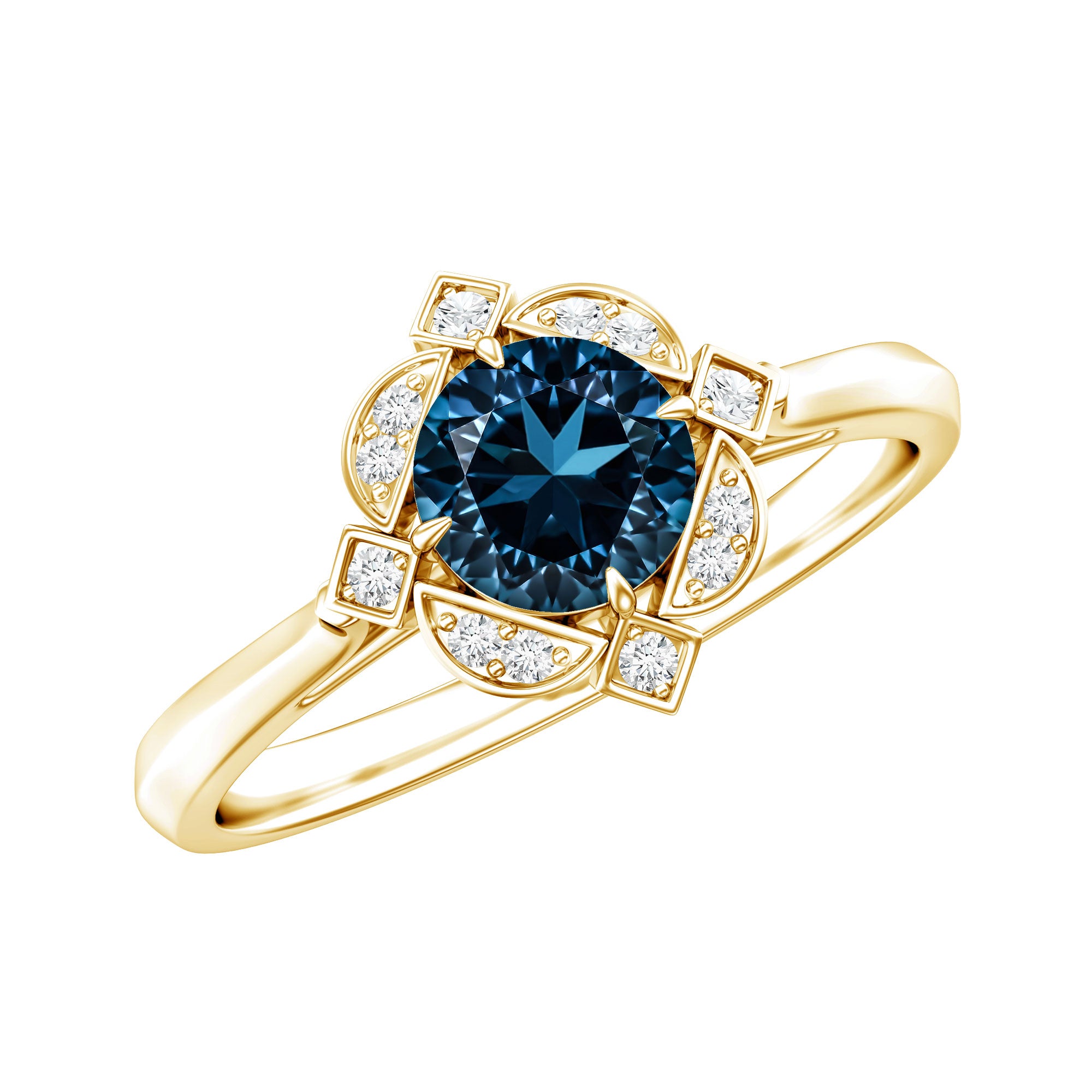 Rosec Jewels-Round Cut London Blue Topaz and Diamond Flower Engagement Ring