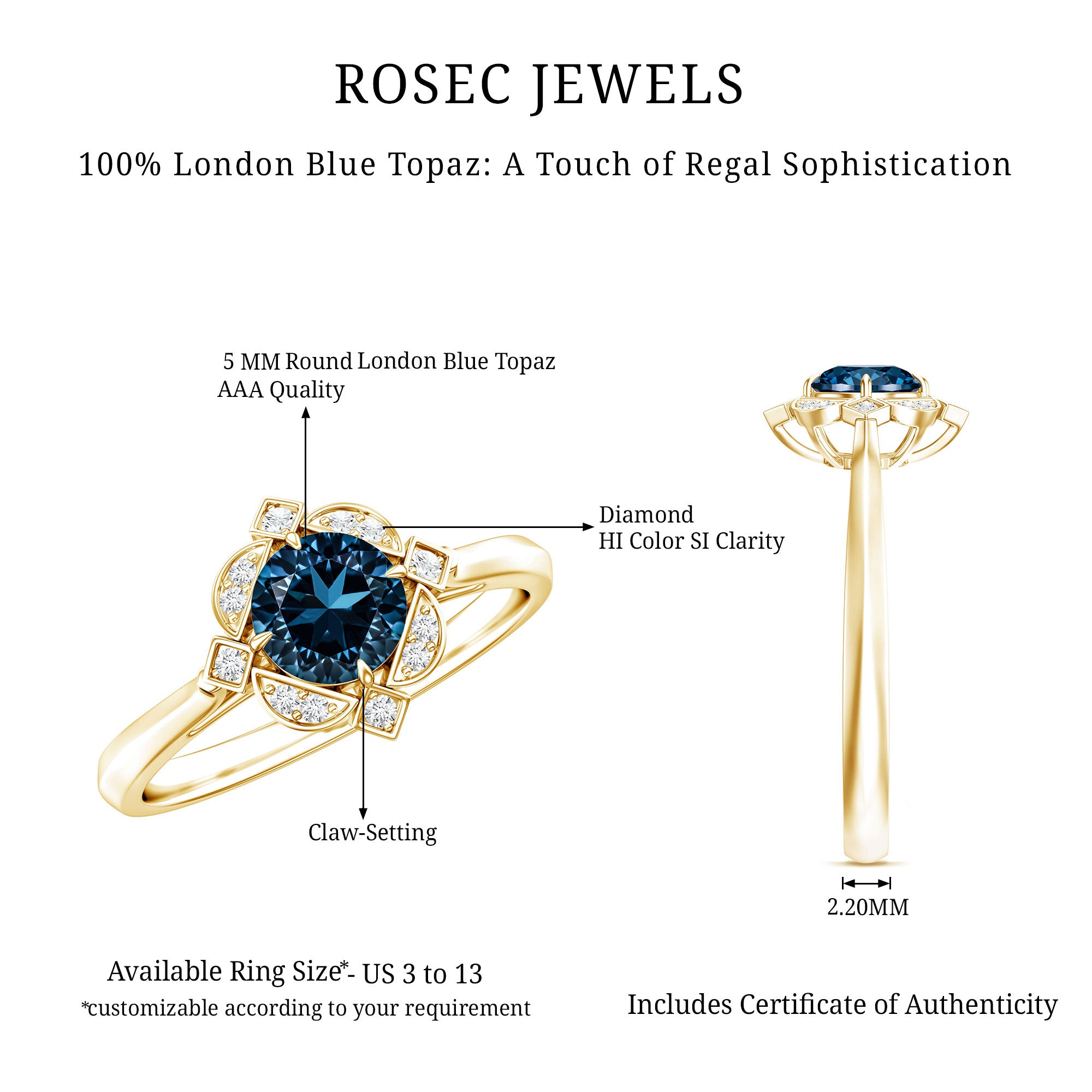 Rosec Jewels-Round Cut London Blue Topaz and Diamond Flower Engagement Ring