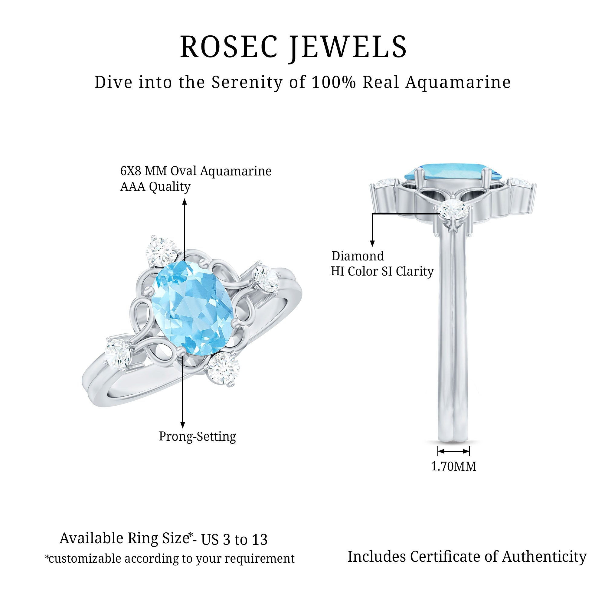 Art Deco Style 1 Carat Oval Shape Aquamarine and Diamond Cocktail Ring AAA - Rosec Jewels