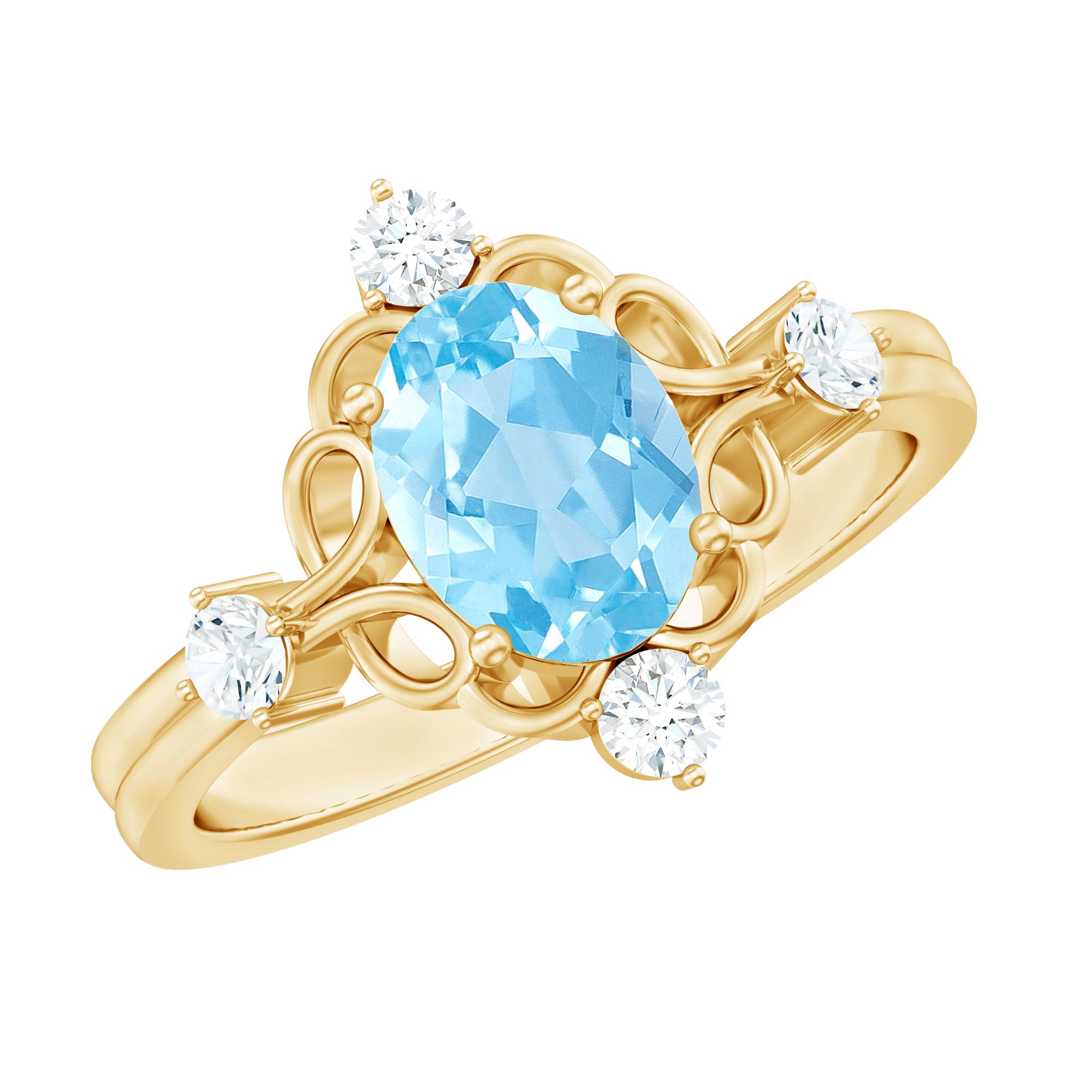 Art Deco Style 1 Carat Oval Shape Aquamarine and Diamond Cocktail Ring AAA - Rosec Jewels