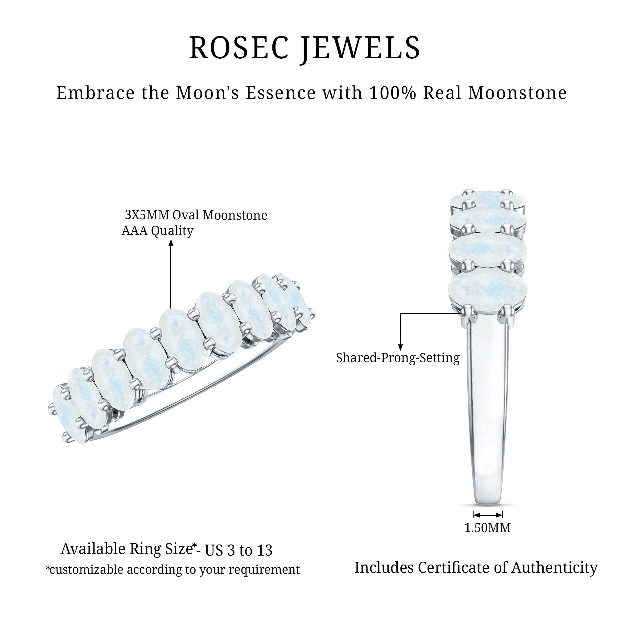 Rosec Jewels-Oval Cut Moonstone Half Eternity Wedding Band Ring