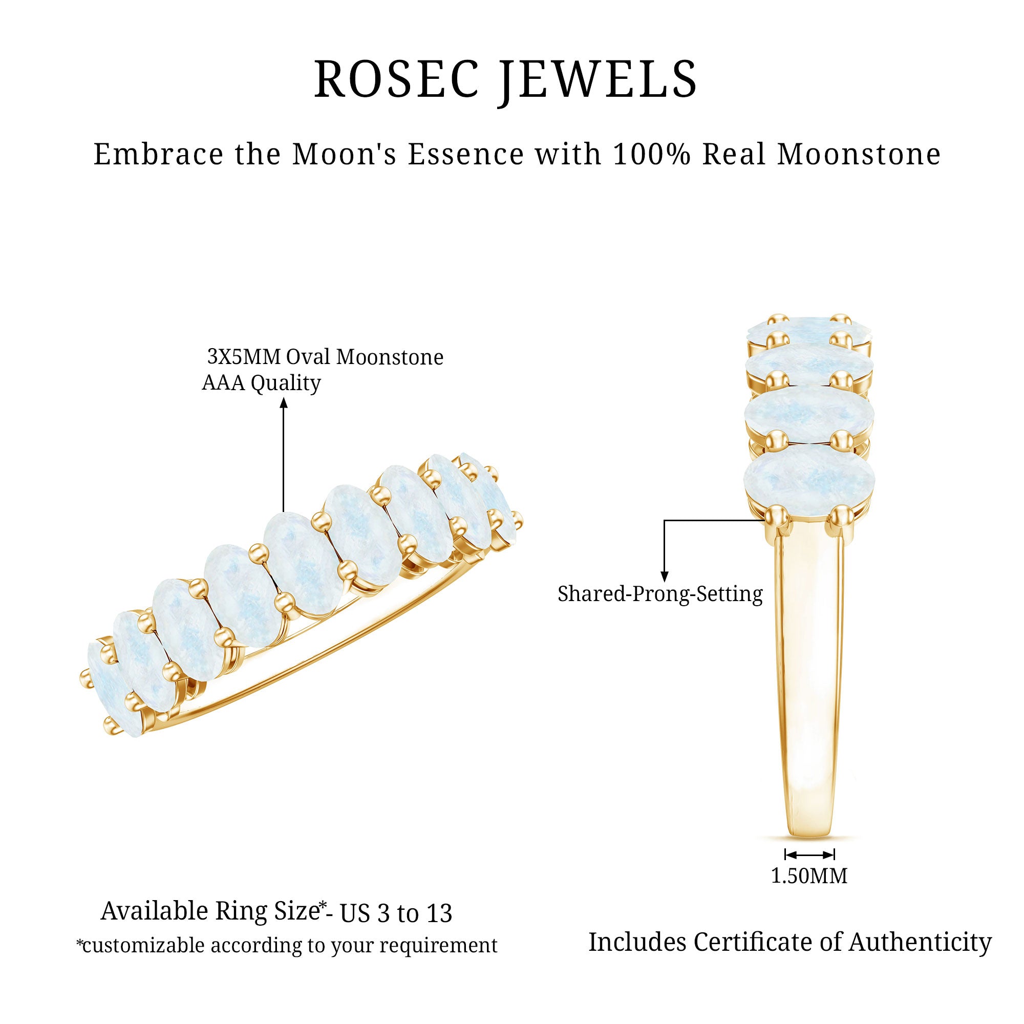 Rosec Jewels-Oval Cut Moonstone Half Eternity Wedding Band Ring