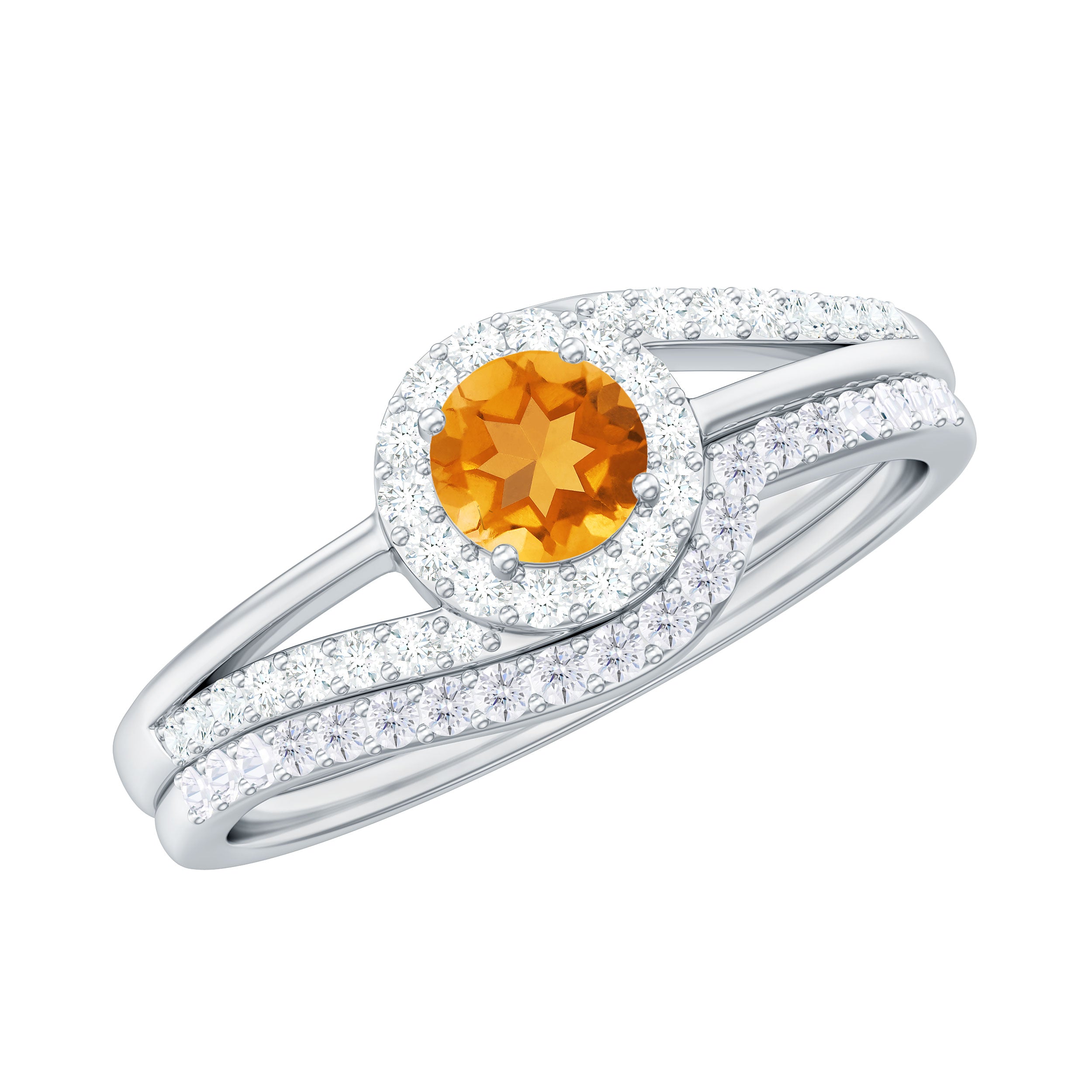 Rosec Jewels-Genuine Citrine Engagement Ring with Diamond Wedding Band