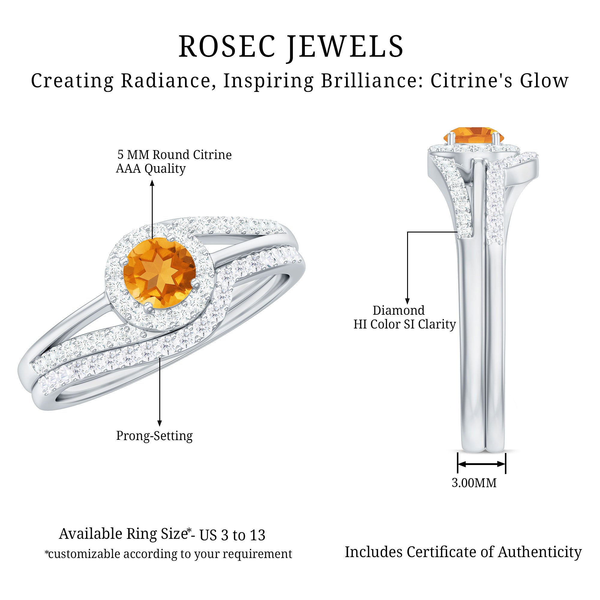 Rosec Jewels-Genuine Citrine Engagement Ring with Diamond Wedding Band