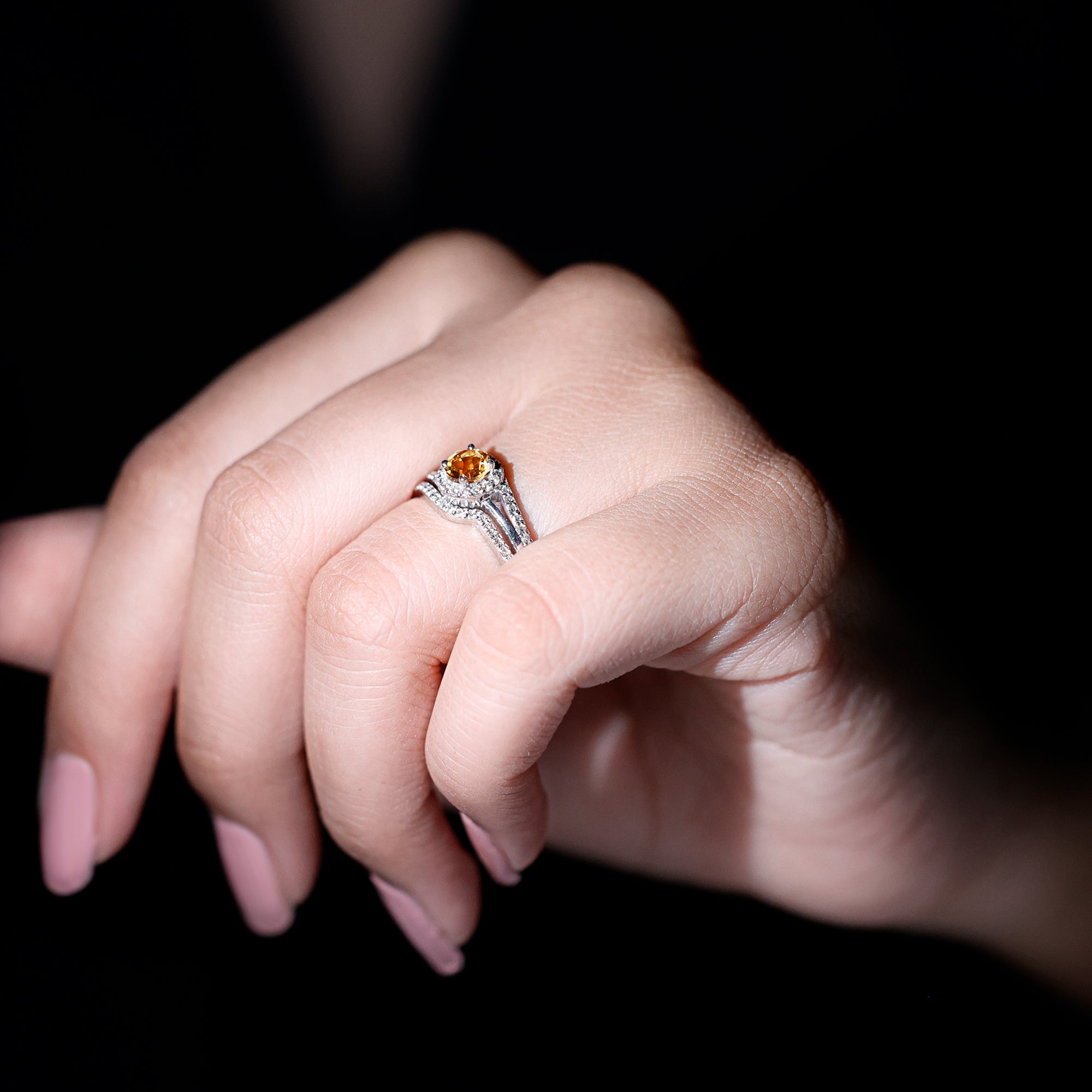 Rosec Jewels-Genuine Citrine Engagement Ring with Diamond Wedding Band