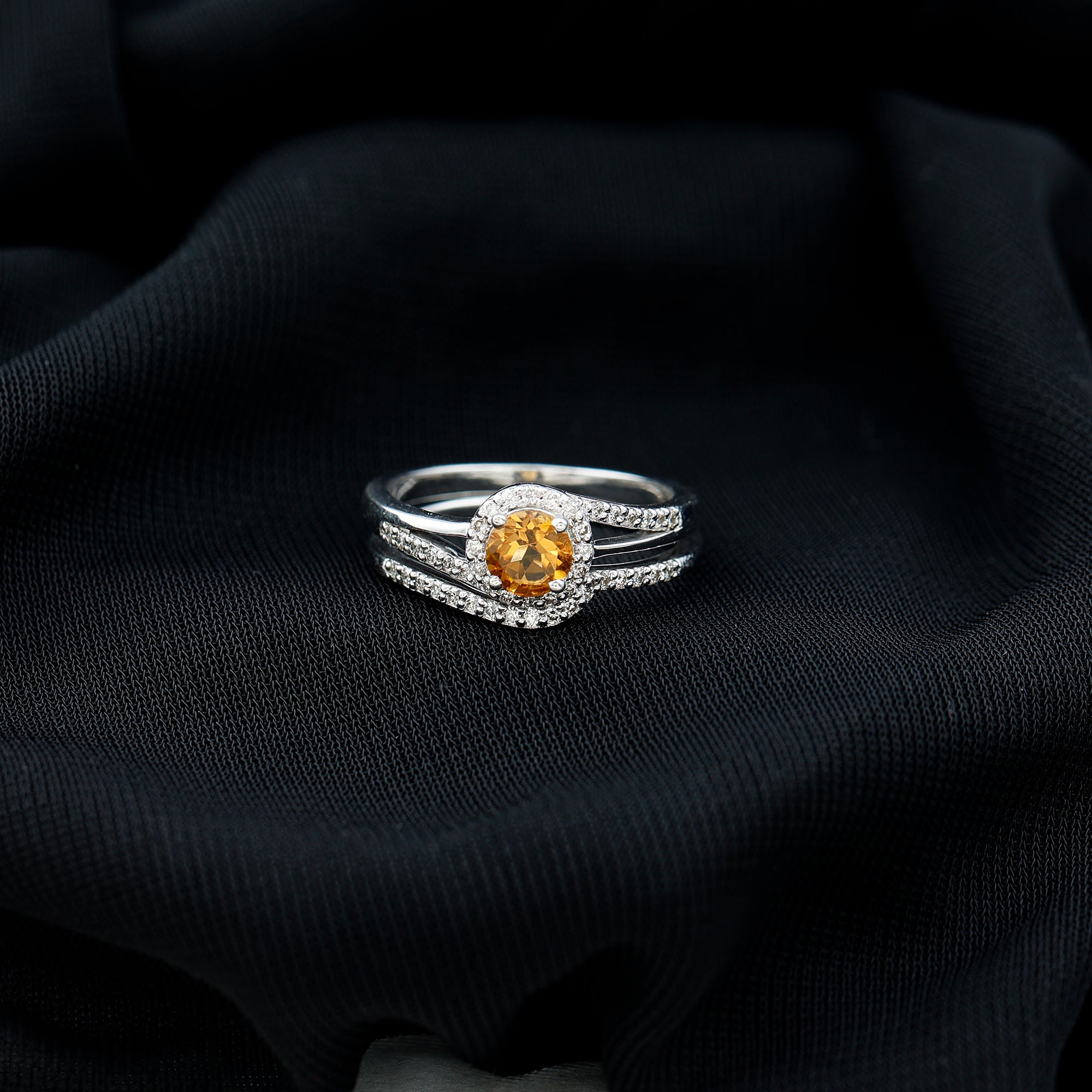 Rosec Jewels-Genuine Citrine Engagement Ring with Diamond Wedding Band