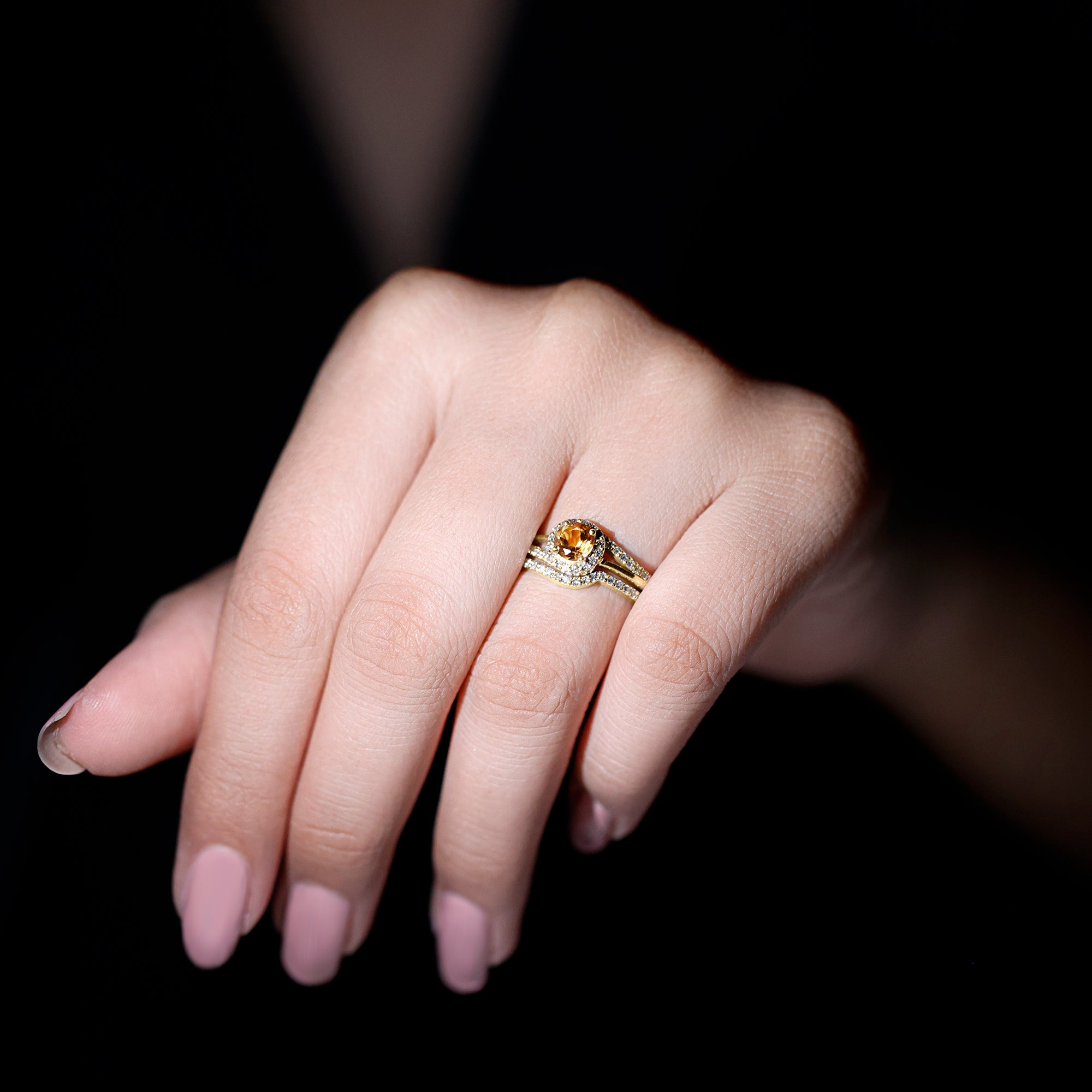 Rosec Jewels-Genuine Citrine Engagement Ring with Diamond Wedding Band
