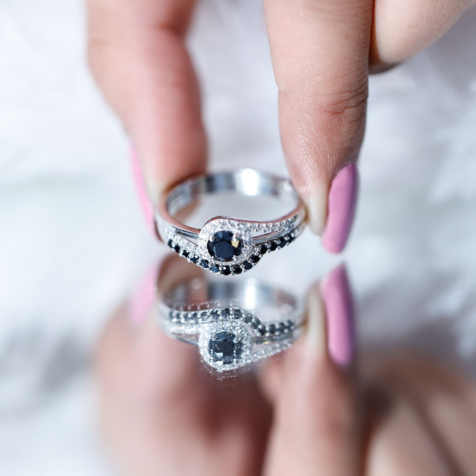 Certified Lab Grown Black and White Diamond Engagement Ring Set for Women AAAA ( Synthetic ) - Rosec Jewels