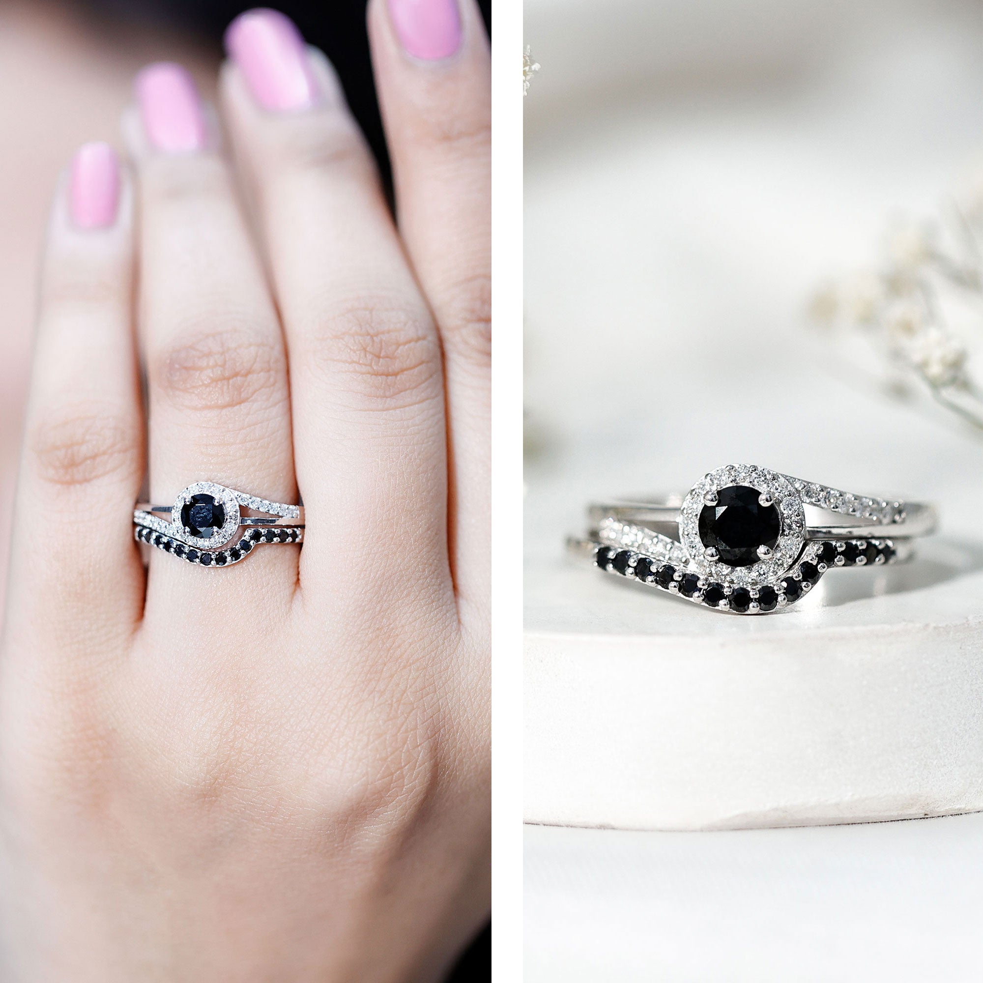 Certified Lab Grown Black and White Diamond Engagement Ring Set for Women AAAA ( Synthetic ) - Rosec Jewels