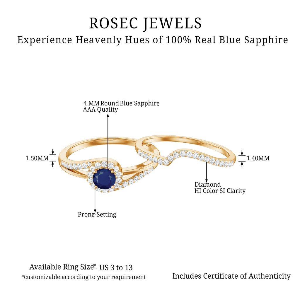 1 CT Bypass Blue Sapphire and Diamond Wedding Ring Set Blue Sapphire - ( AAA ) - Quality - Rosec Jewels