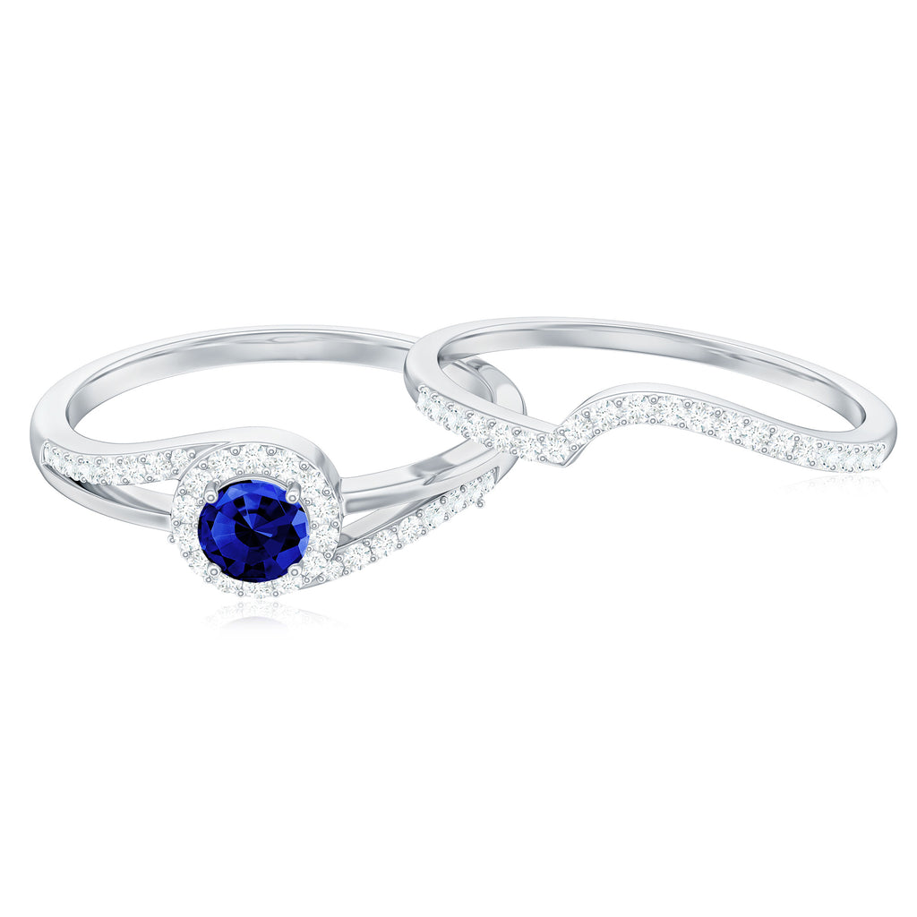 Minimal Created Blue Sapphire Engagement Ring with Diamond Enhancer Lab Created Blue Sapphire - ( AAAA ) - Quality - Rosec Jewels