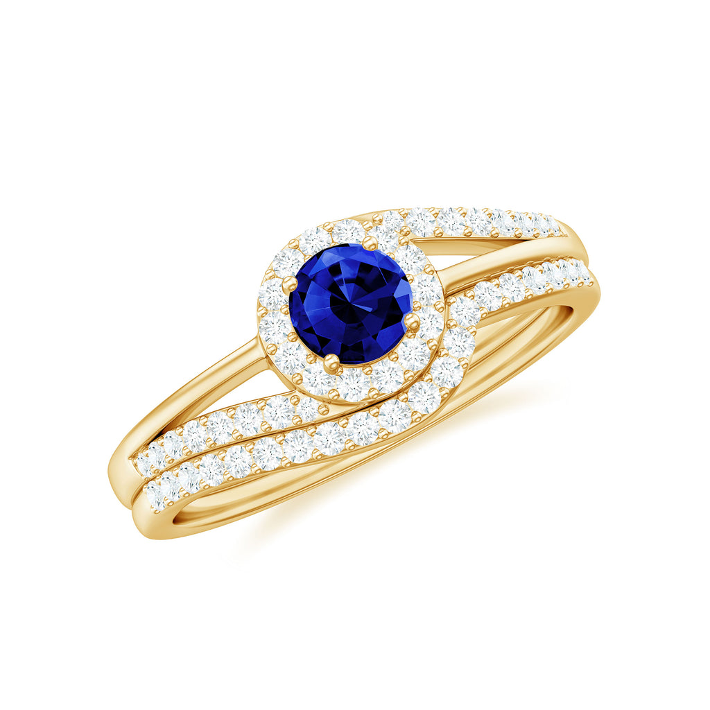 Minimal Created Blue Sapphire Engagement Ring with Diamond Enhancer Lab Created Blue Sapphire - ( AAAA ) - Quality - Rosec Jewels