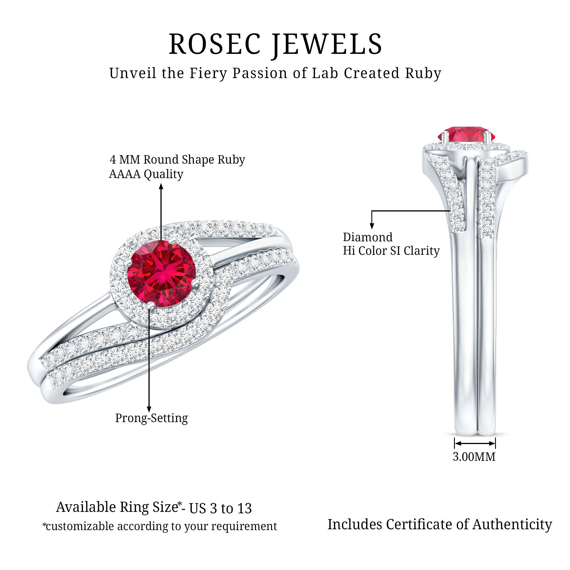 Certified Lab Ruby and Diamond Halo Wedding Ring Set AAAA - Rosec Jewels
