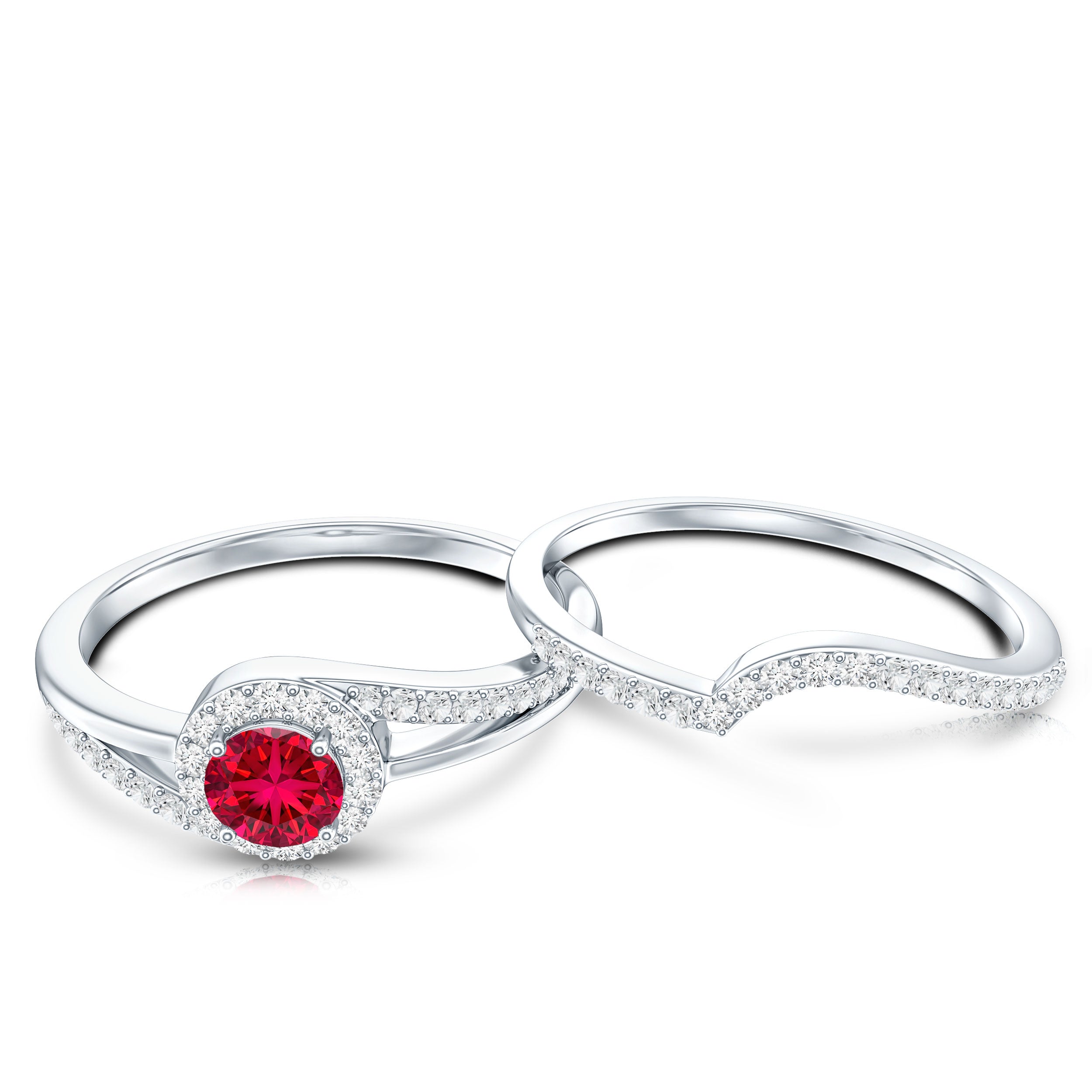 Certified Lab Ruby and Diamond Halo Wedding Ring Set AAAA - Rosec Jewels