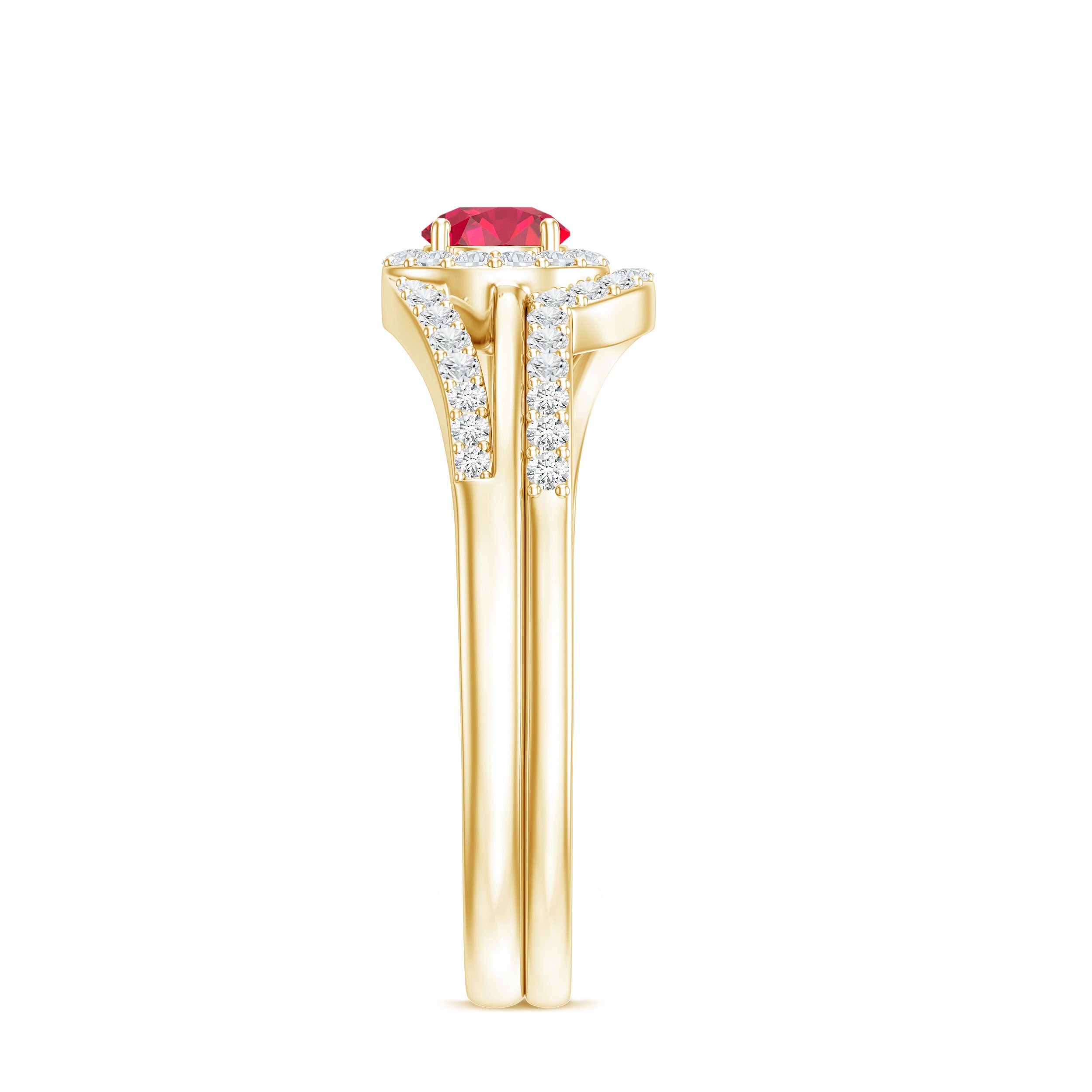 Certified Lab Ruby and Diamond Halo Wedding Ring Set AAAA - Rosec Jewels