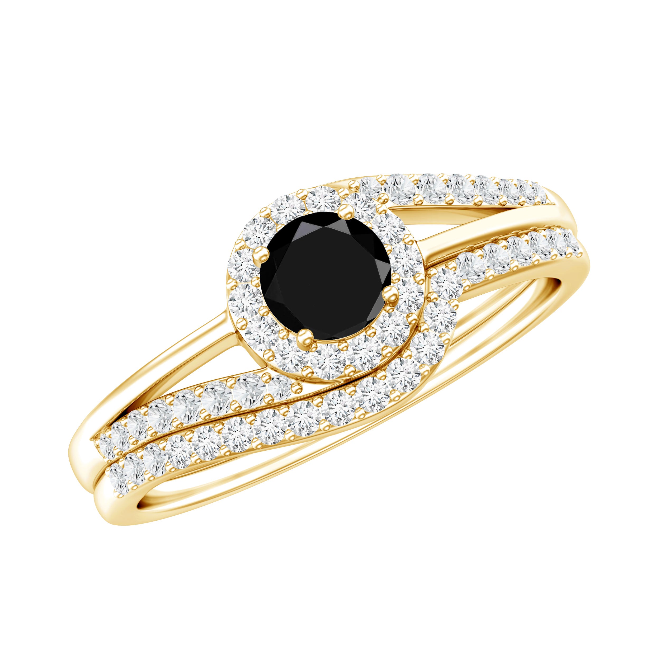 Black Onyx Minimal Wedding Rings Set with Diamond Curved Band AAA - Rosec Jewels