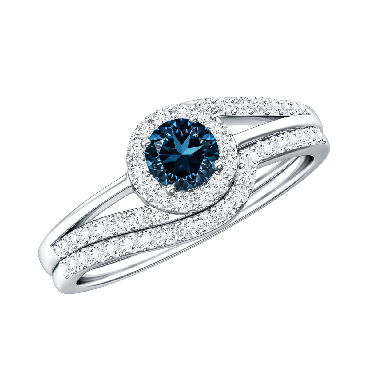 Certified London Blue Topaz and Diamond Halo Wedding Ring Set AAA - Rosec Jewels