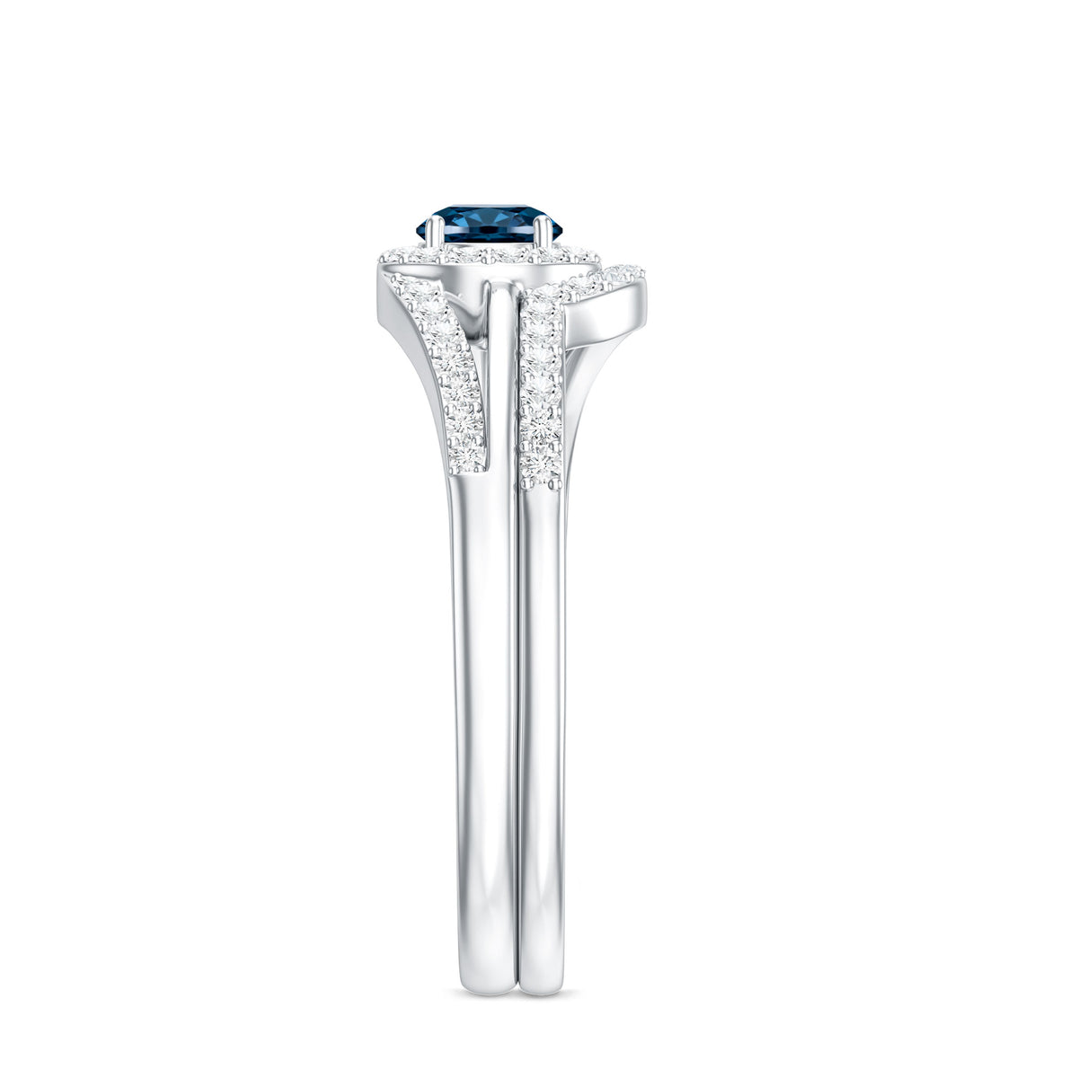 Certified London Blue Topaz and Diamond Halo Wedding Ring Set AAA - Rosec Jewels