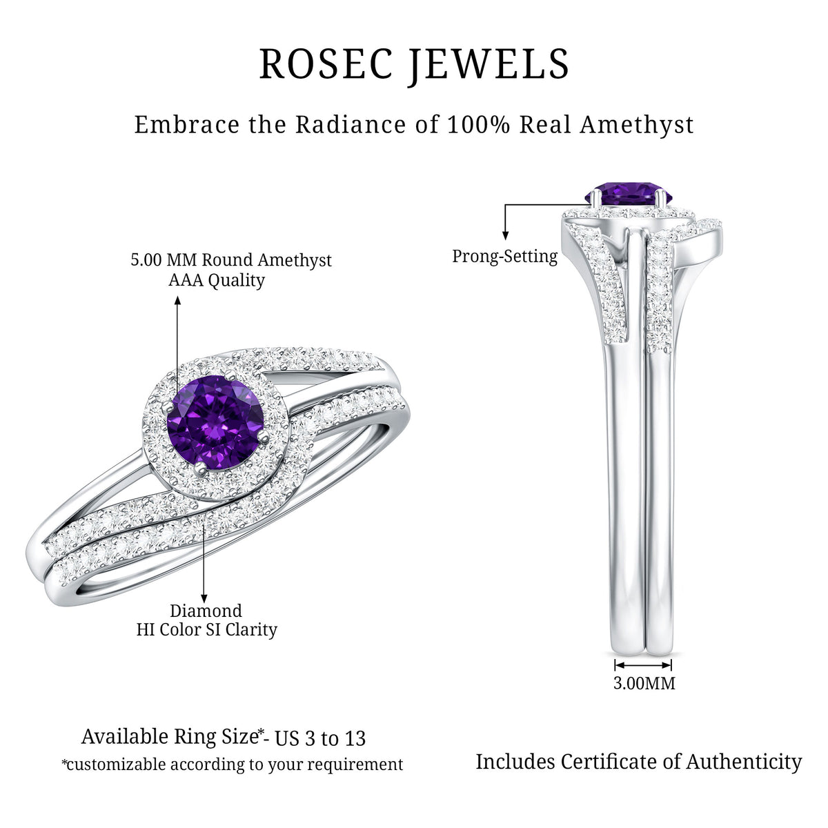 0.4 Carat Natural Amethyst Diamond Wedding Bridal Ring Set of 2 AAA - Rosec Jewels
